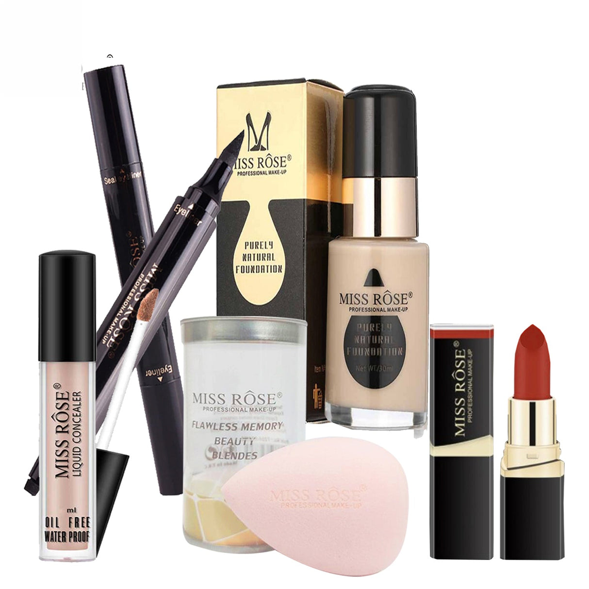 Buy Miss Rose 5 In 1 Exclusive Deal Lipstick Liquid Foundation Concealer Eye Liner Blender in Pakistan