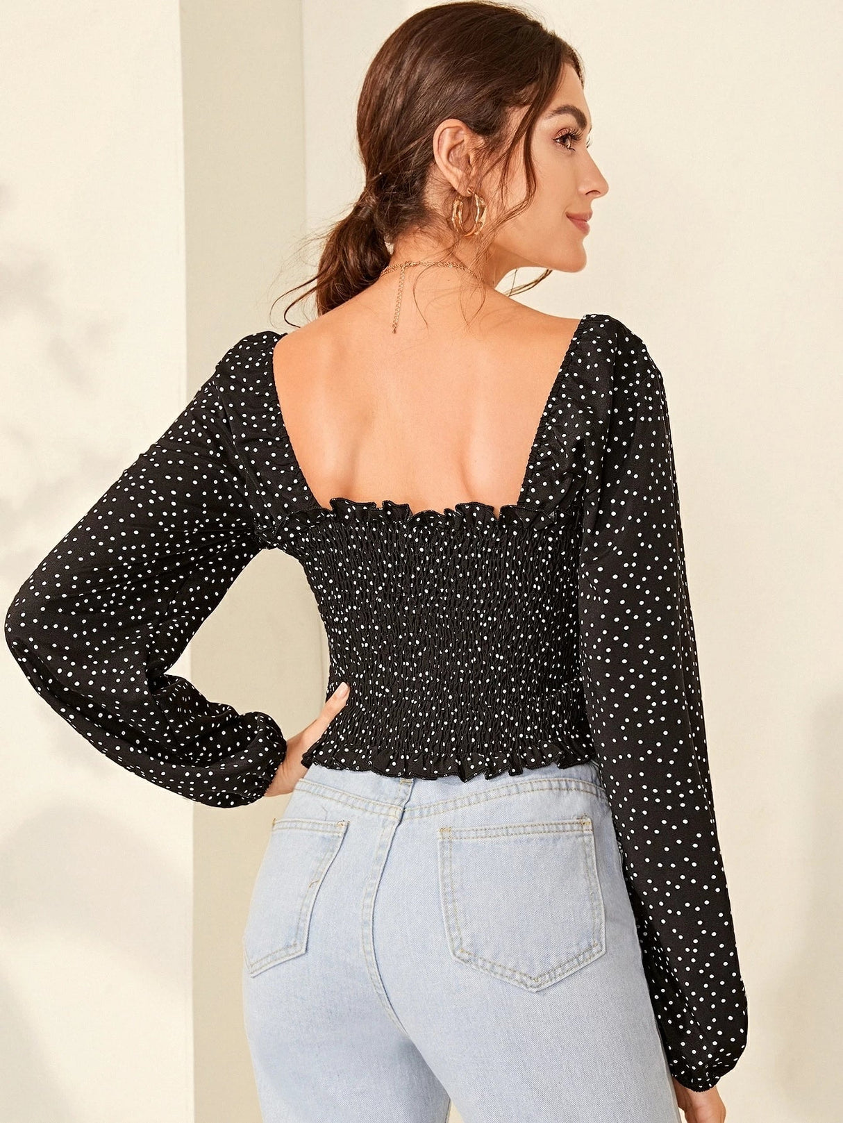 Buy Shein Polka Dot Smocked Lettuce Edge Crop Top in Pakistan