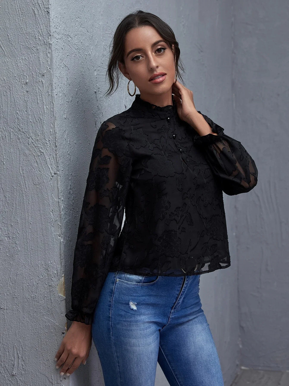 Buy Shein Frill Trim Lantern Sleeve Floral Applique Top in Pakistan