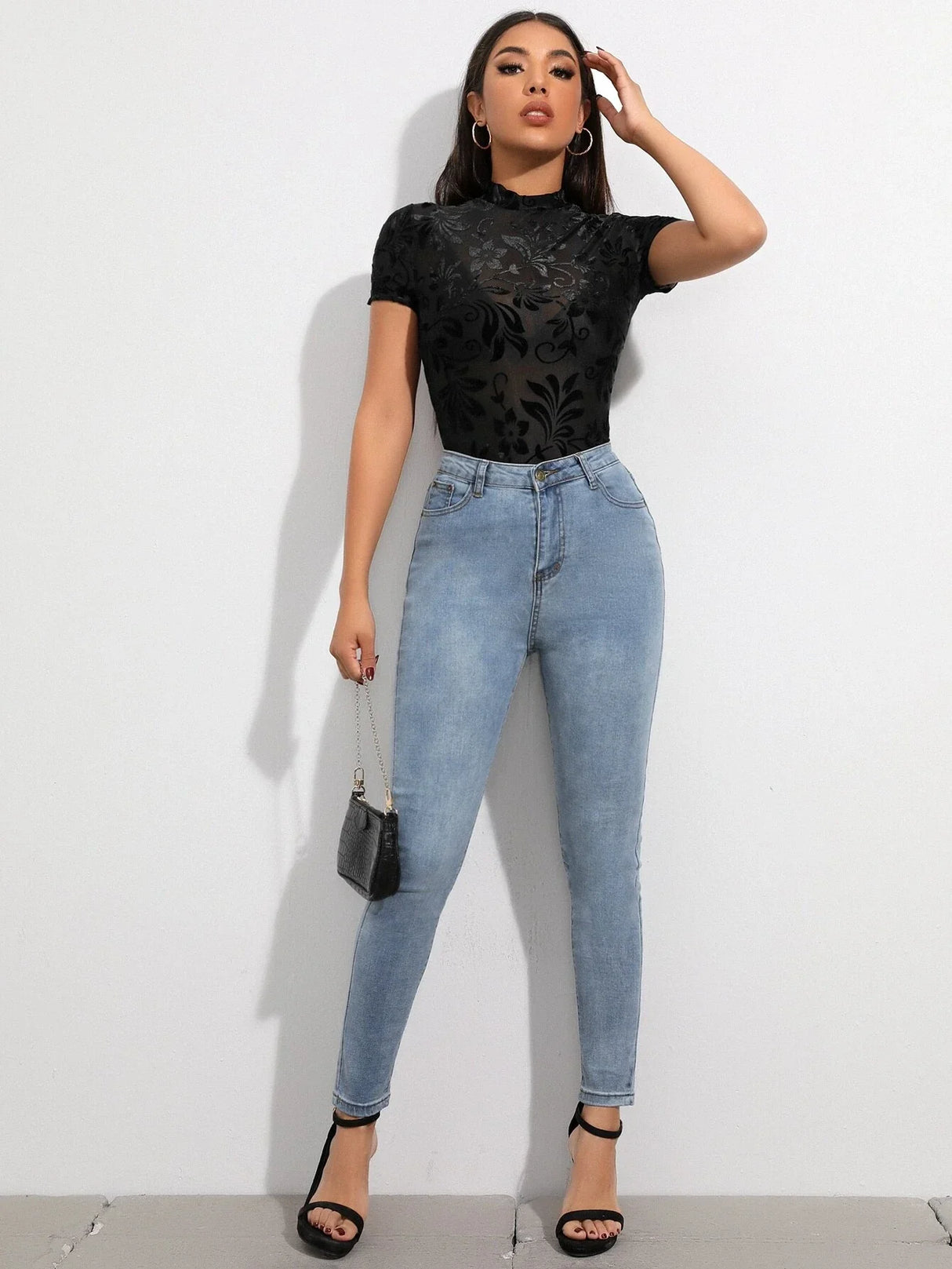 Buy SHEIN Flocked Floral Sheer Mesh Top Without Bra in Pakistan