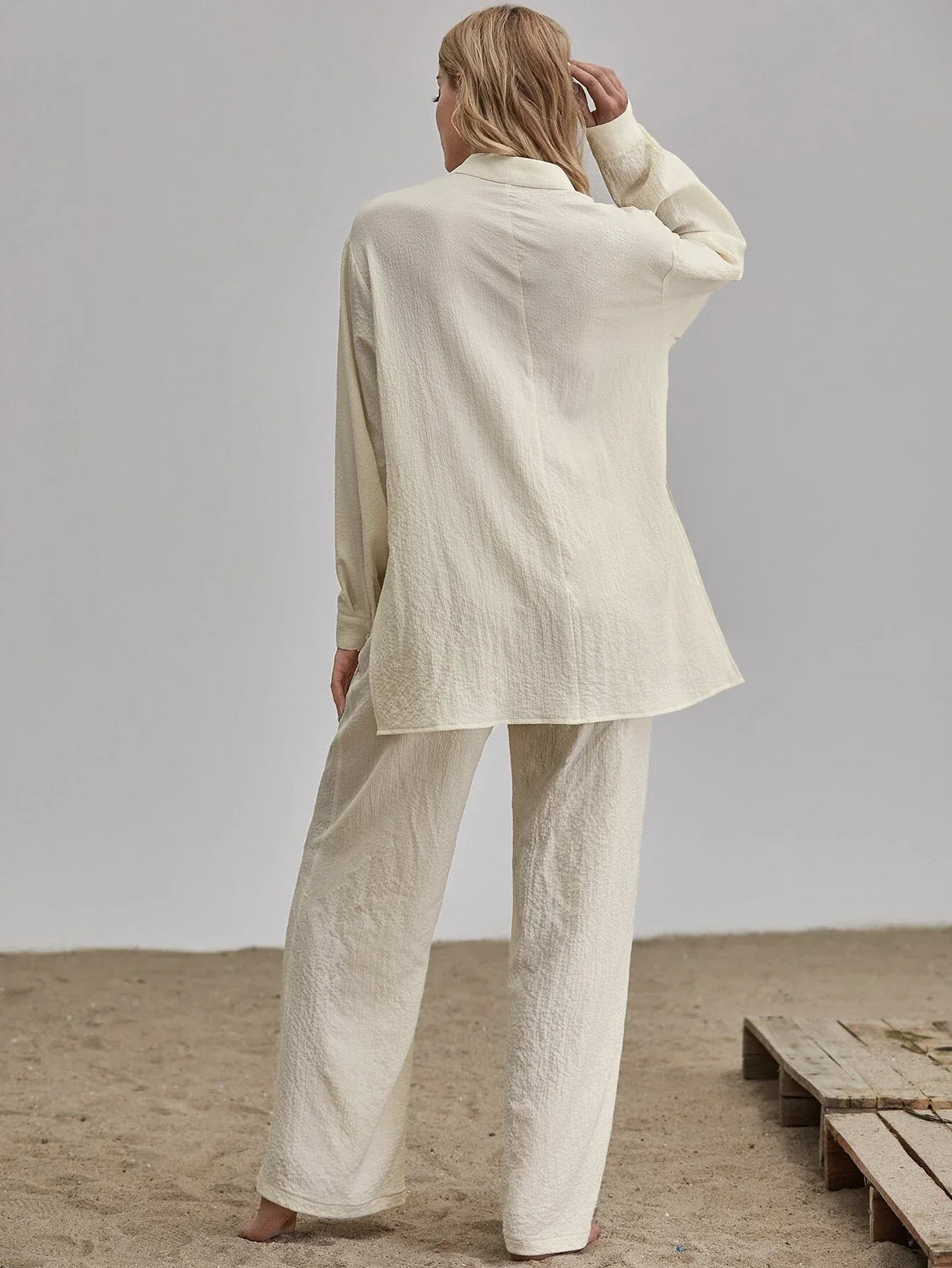 Buy SHEIN Unity Slit Hem Longline Blouse & Wide Leg Pants Set in Pakistan