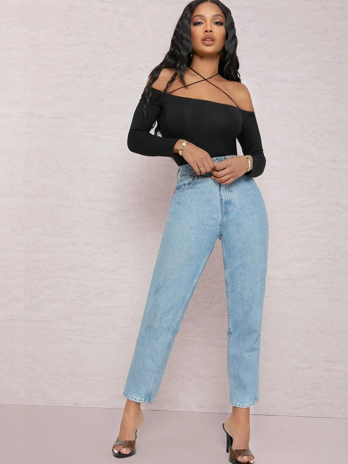 Buy SHEIN BAE Off-the-Shoulder Strappy Self-Tie Choker Bodysuit in Pakistan
