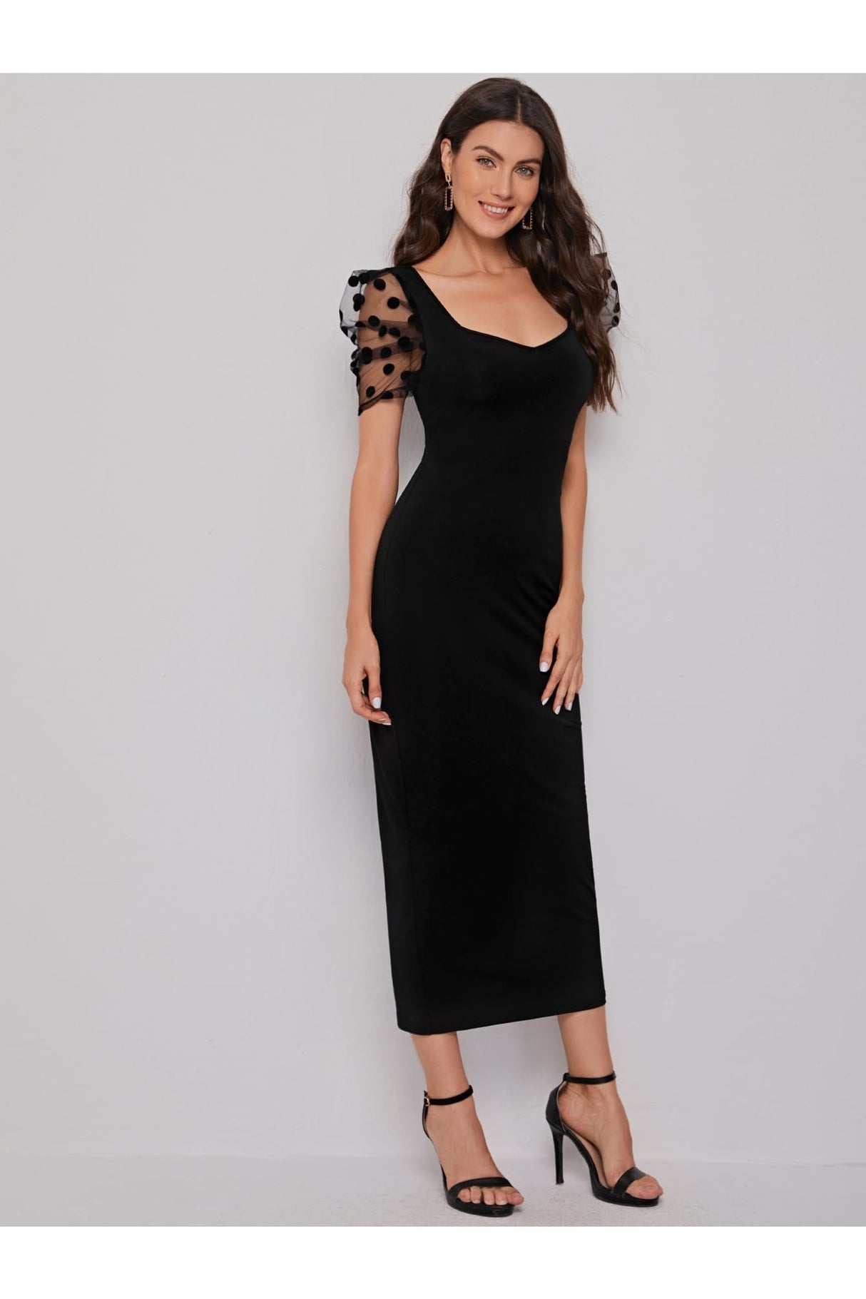 Buy SHEIN Sweetheart Neck Mesh Puff Sleeve Dress - Large Black in Pakistan