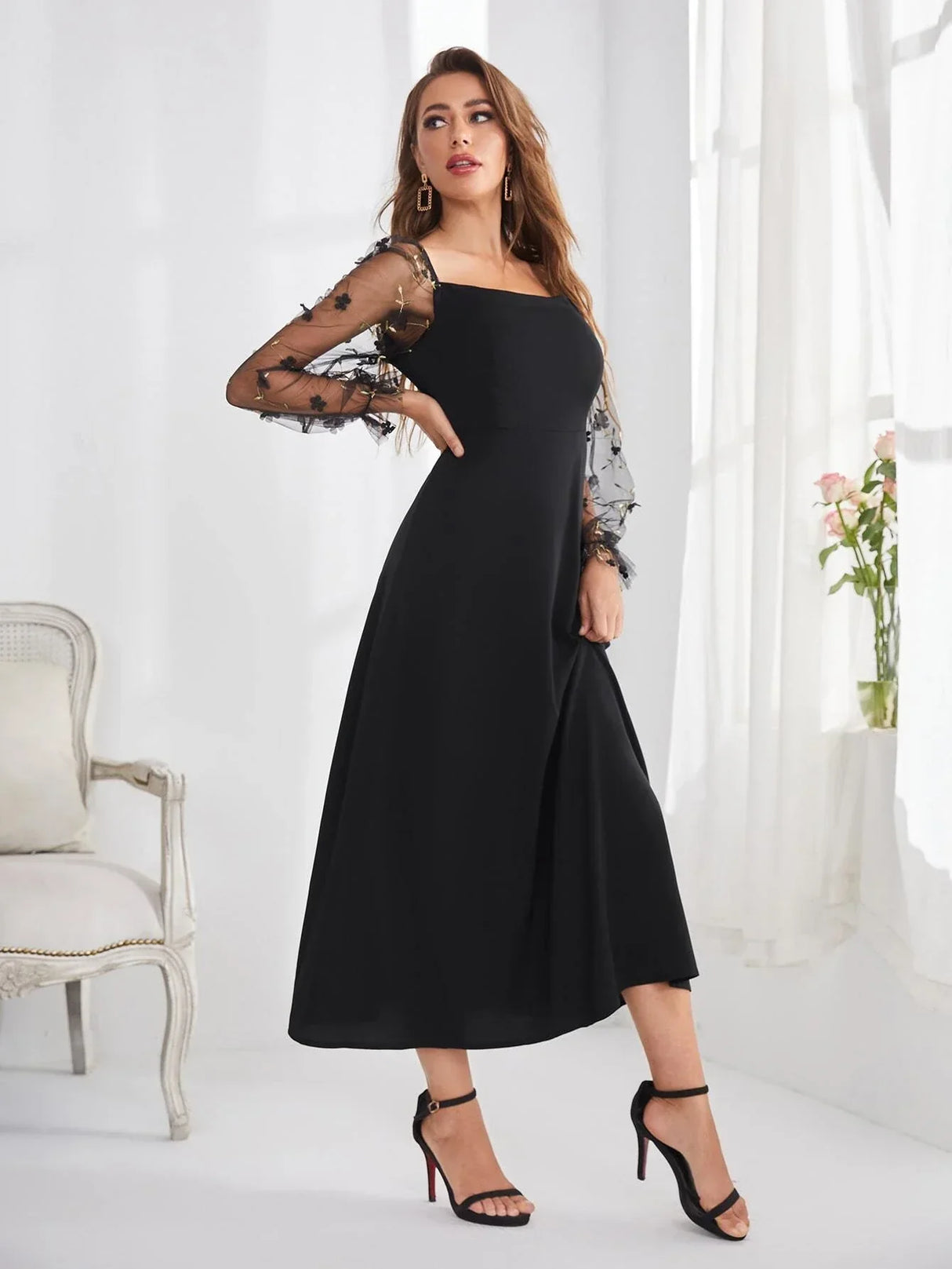 Buy Shein Embroidery Mesh Flounce Sleeve A-line Dress in Pakistan