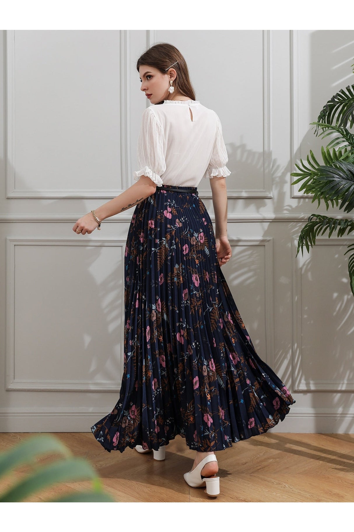 Buy Shein Allover Floral Belted Pleated Skirt - Small Navy Blue in Pakistan