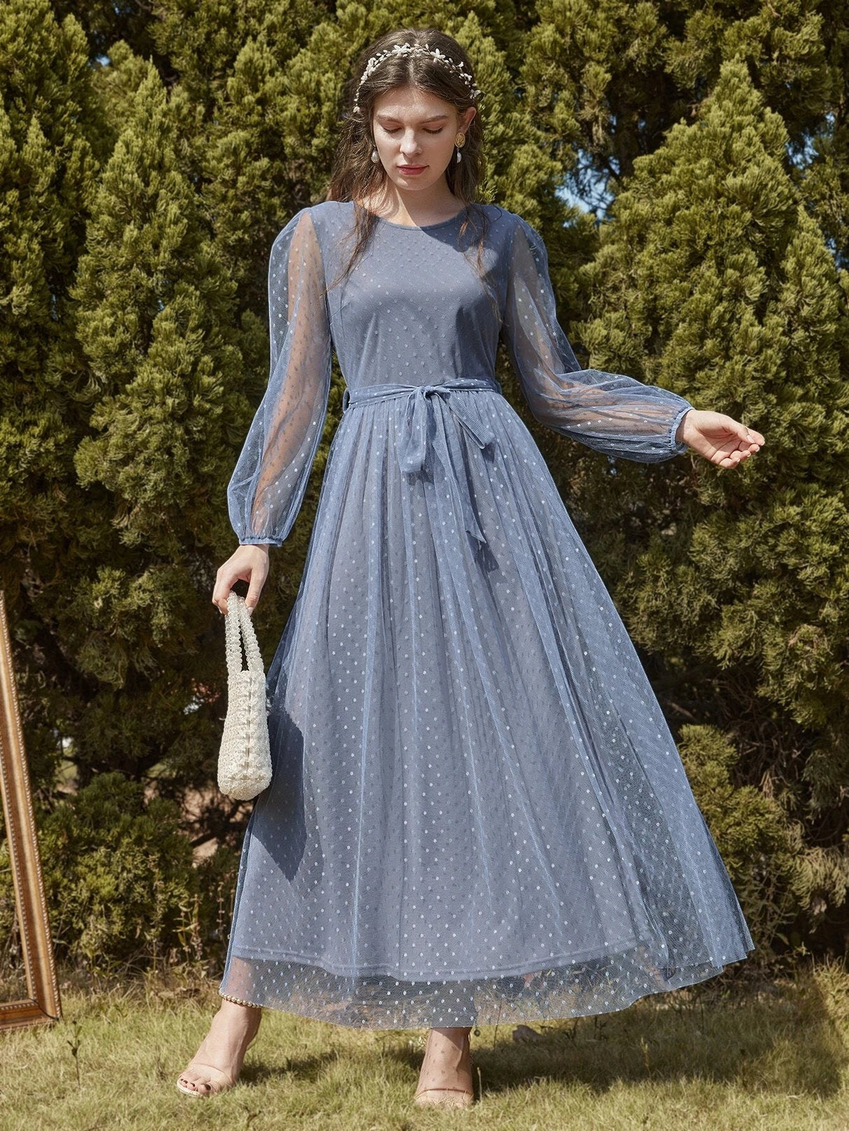 Buy SHEIN Modely Dobby Mesh Bishop Sleeve Belted Maxi Dress in Pakistan