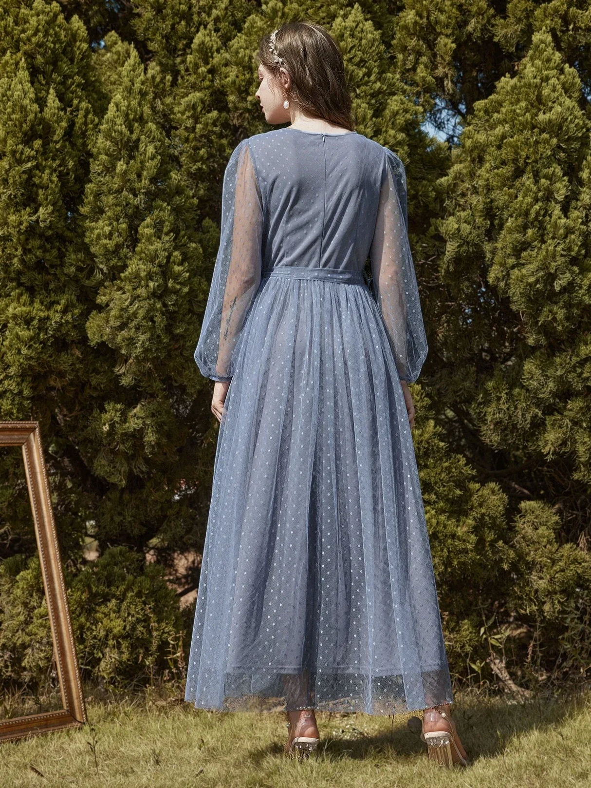 Buy SHEIN Modely Dobby Mesh Bishop Sleeve Belted Maxi Dress in Pakistan