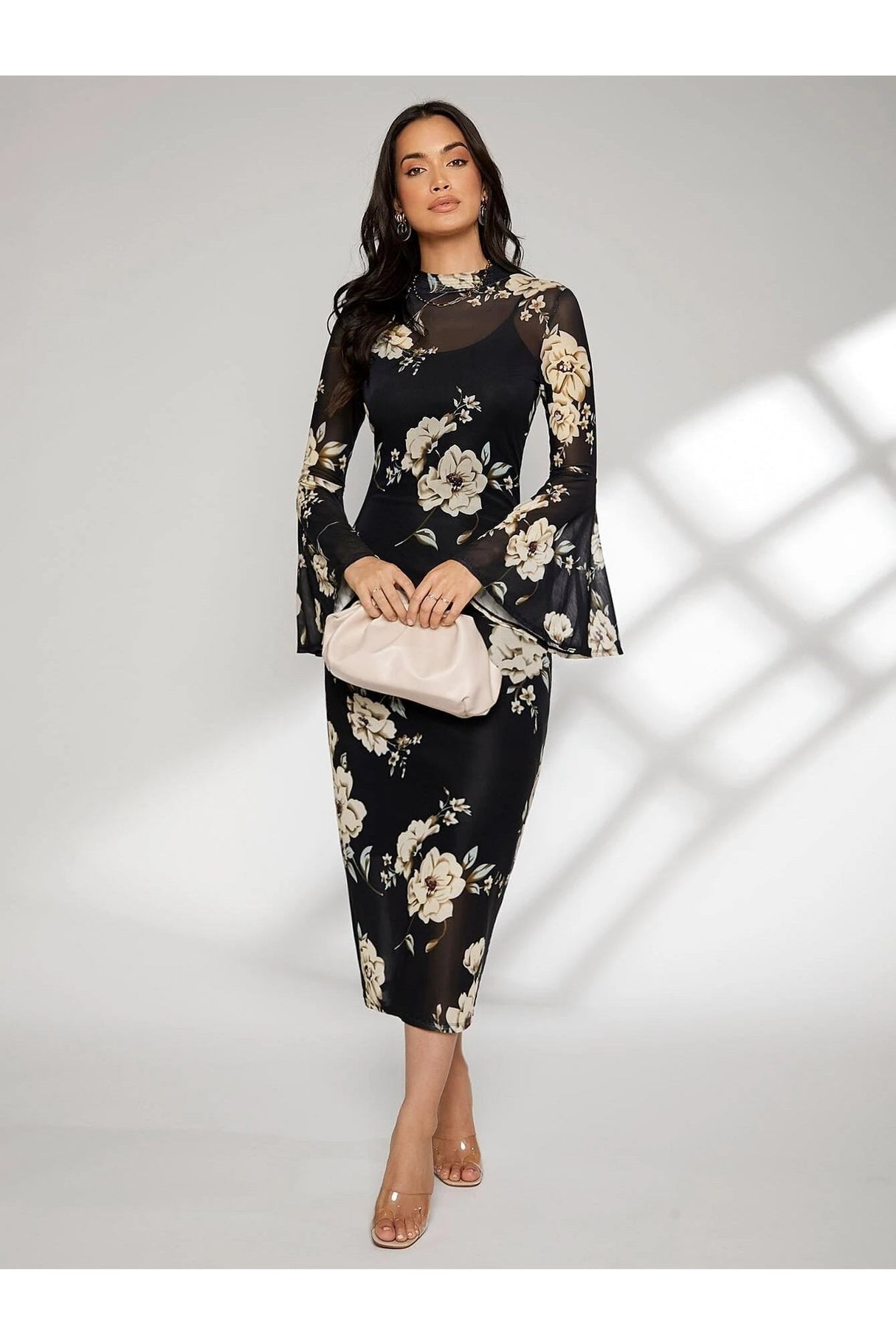 Buy SHEIN Floral Print Bell Sleeve Split Back Dress - Large Black in Pakistan
