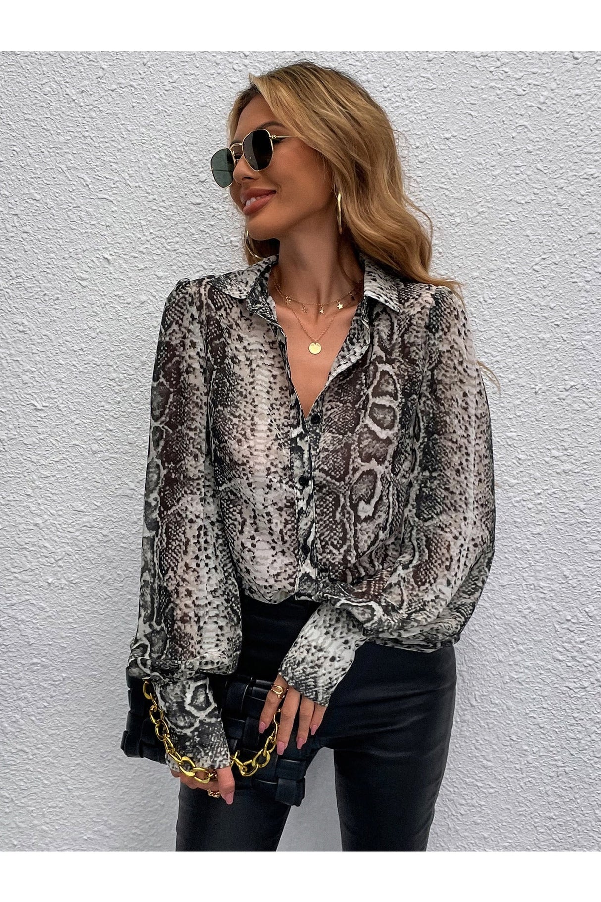 Buy Shein Snakeskin Print Bishop Sleeve Blouse - Small in Pakistan