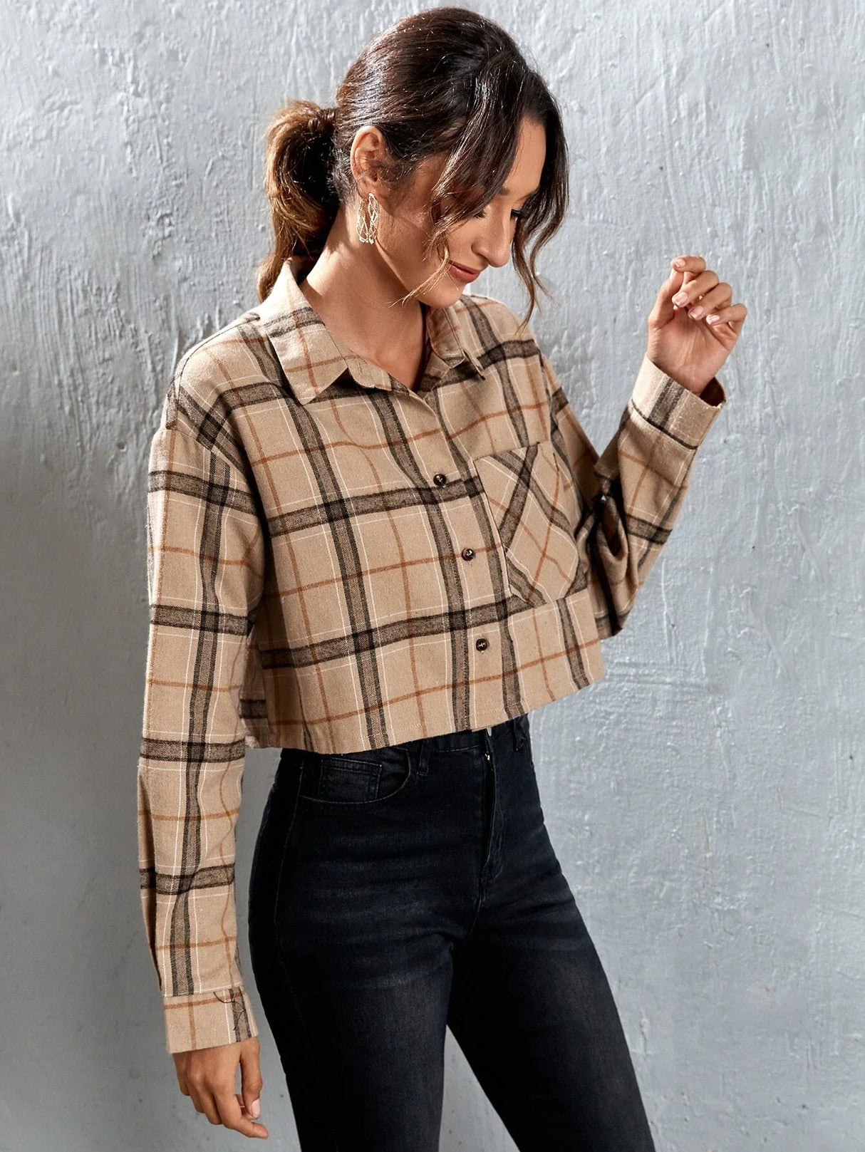 Buy SHEIN EZwear Plaid Patched Pocket Drop Shoulder Crop Shirt in Pakistan