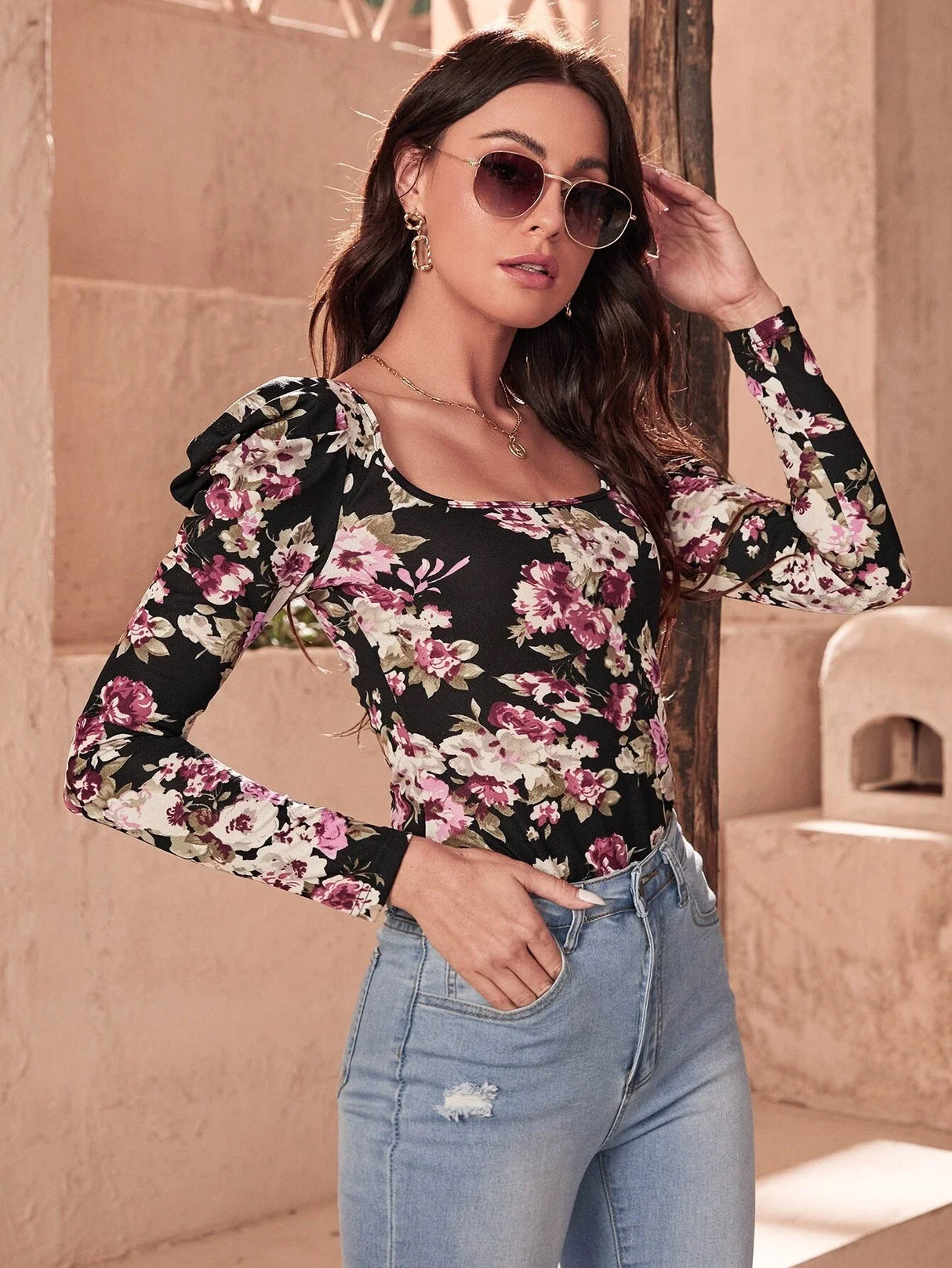 Buy SHEIN Floral Print Gigot Sleeve Tee in Pakistan