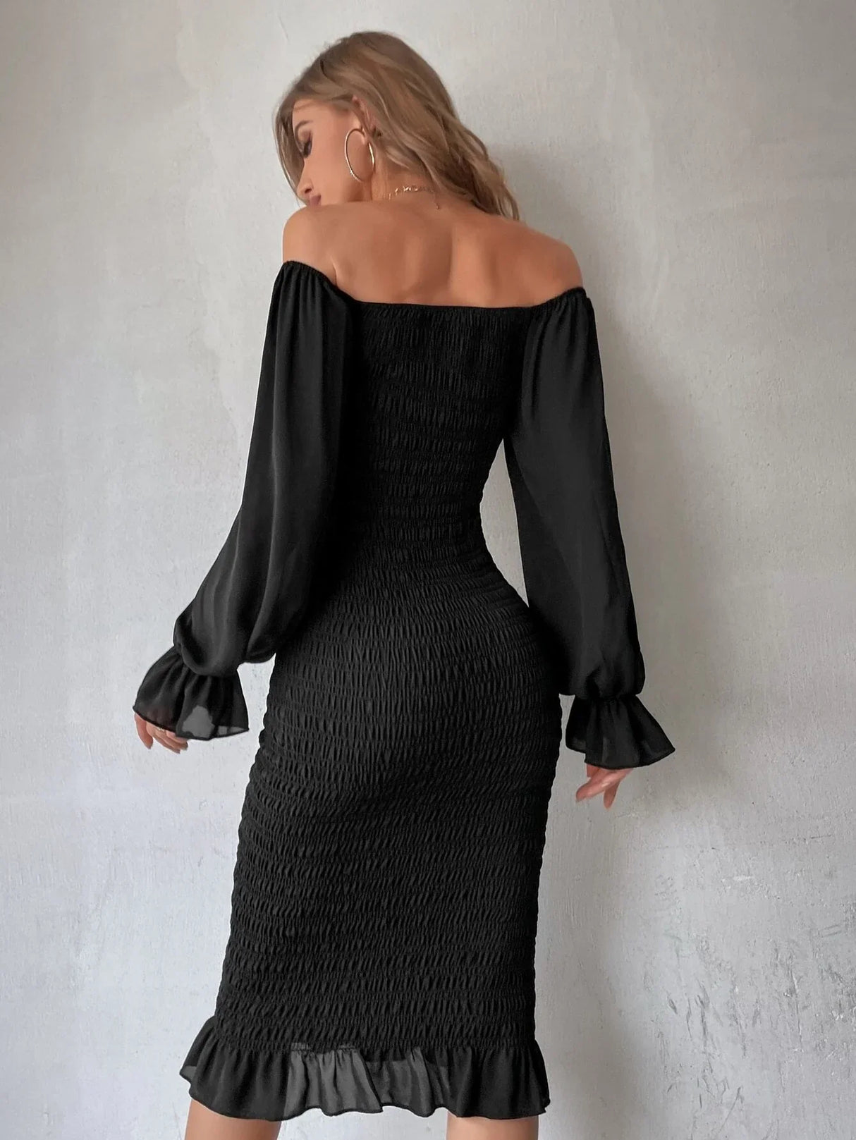 Buy SHEIN Off Shoulder Flounce Sleeve Ruffle Hem Shirred Chiffon Bodycon Dress in Pakistan
