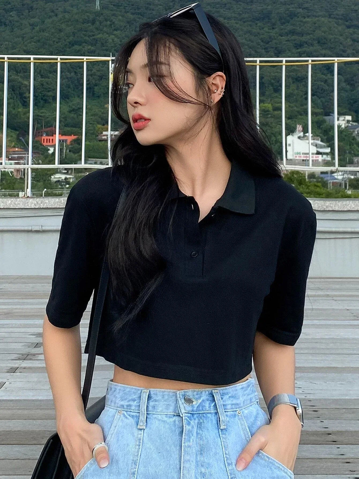 Buy SHEIN DAZY Solid Button Front Crop Tee in Pakistan