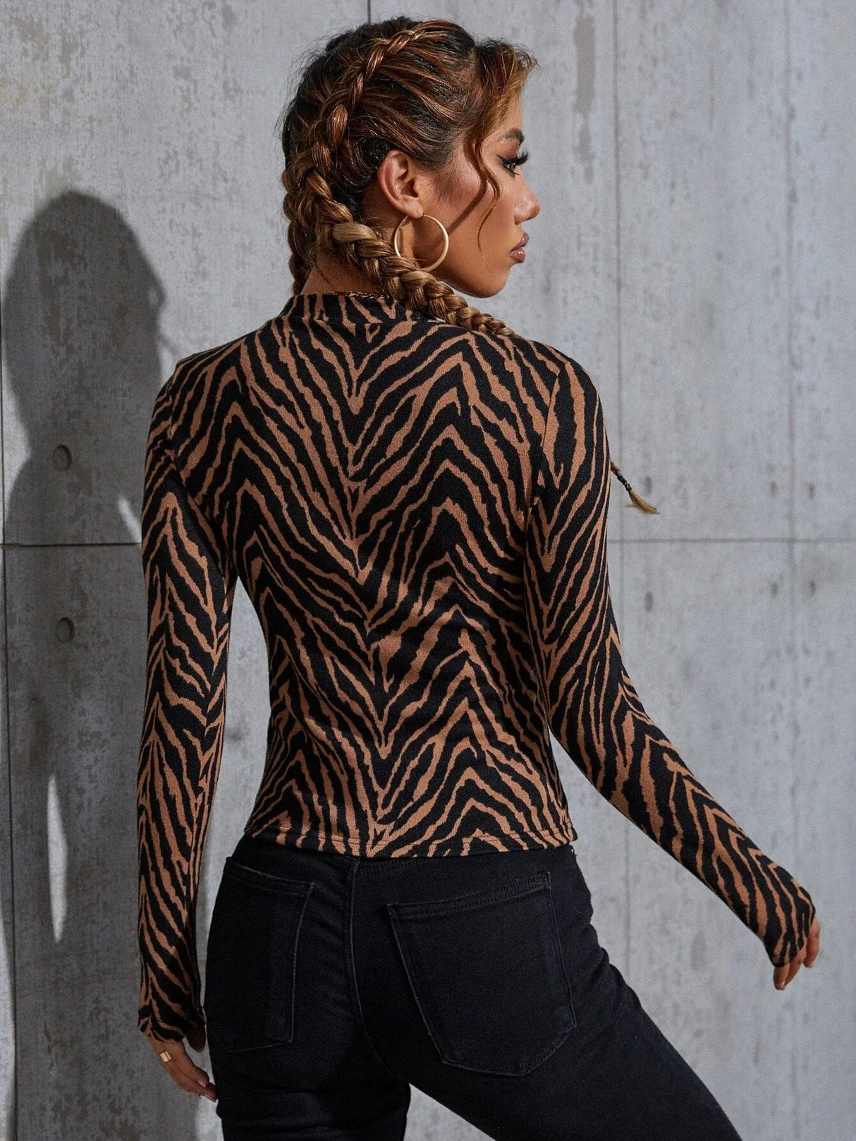 Buy SHEIN Zebra Striped Print Stand Neck T-Shirt in Pakistan