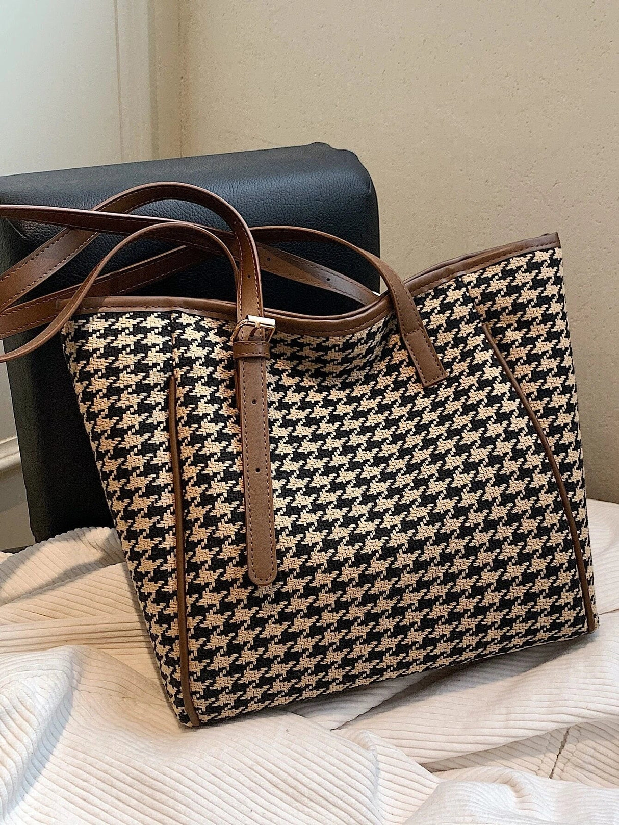 Buy SHEIN Houndstooth Knot Detail Shoulder Tote Bag in Pakistan