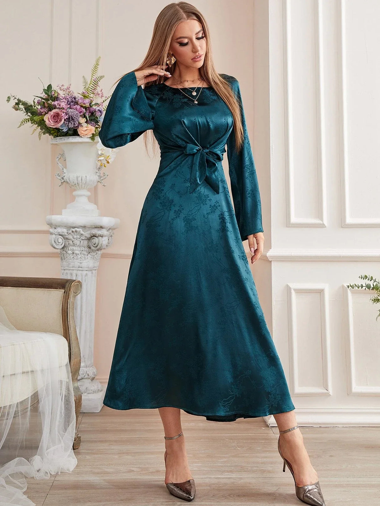 Buy Shein Emery Rose Jacquard Trumpet Sleeve Knot Front Dress in Pakistan