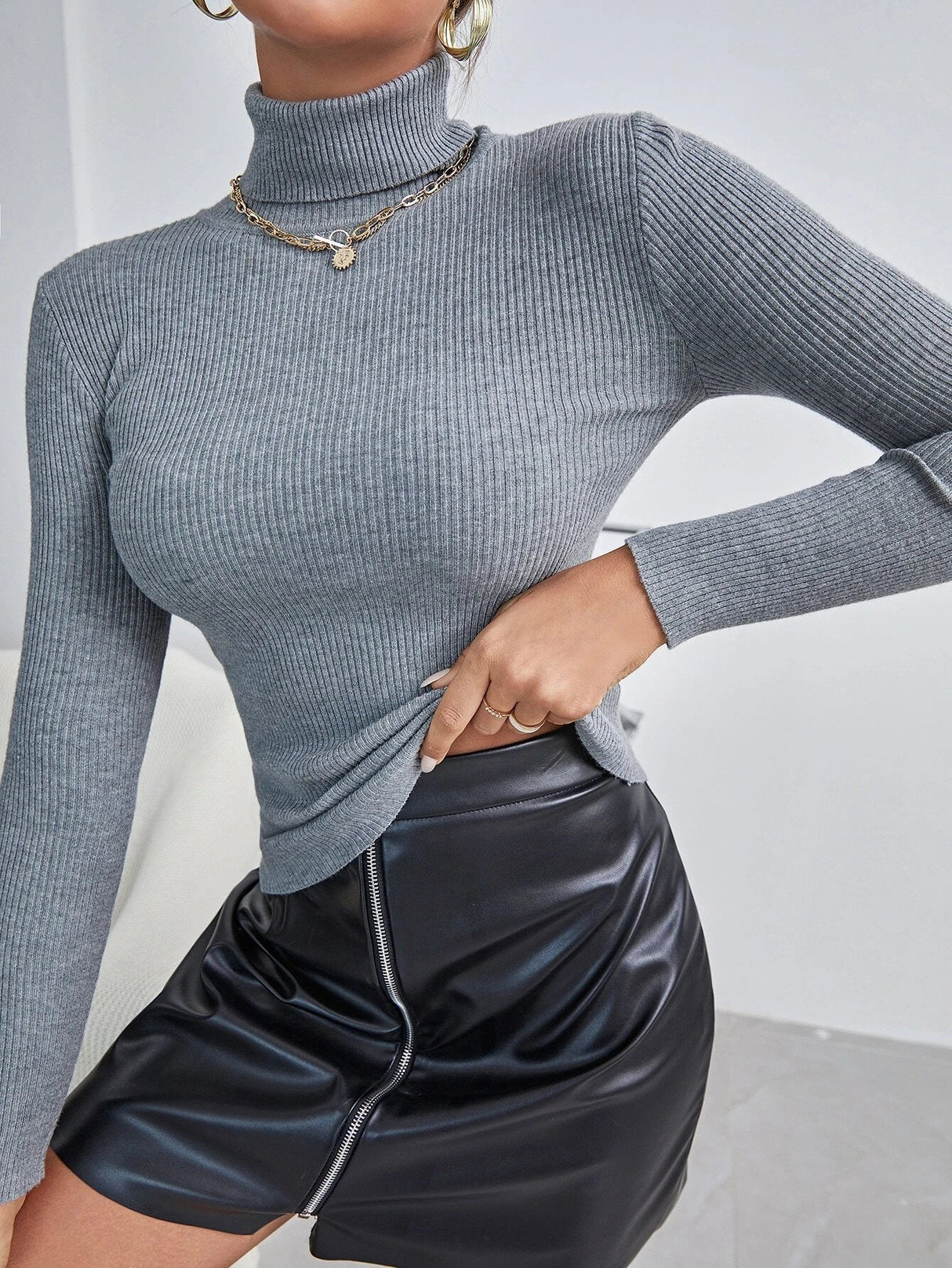 Buy Shein Solid High Neck Rib Knit Sweater in Pakistan