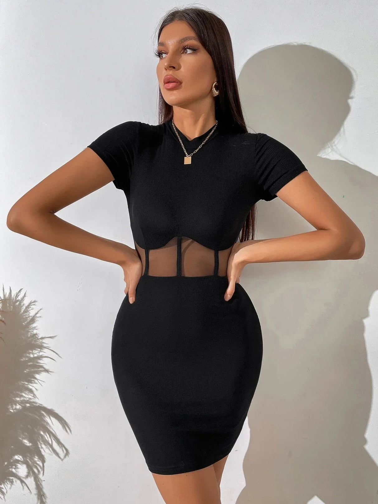 Buy Shein Mesh Insert Mock Neck Bodycon Dress in Pakistan
