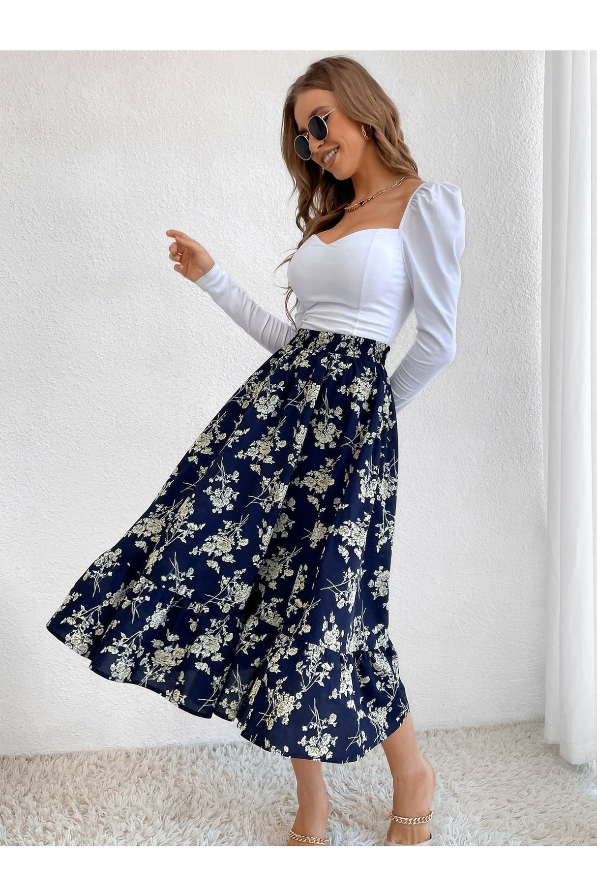 Buy Shein Allover Floral Print Ruffle Hem Skirt - Large in Pakistan