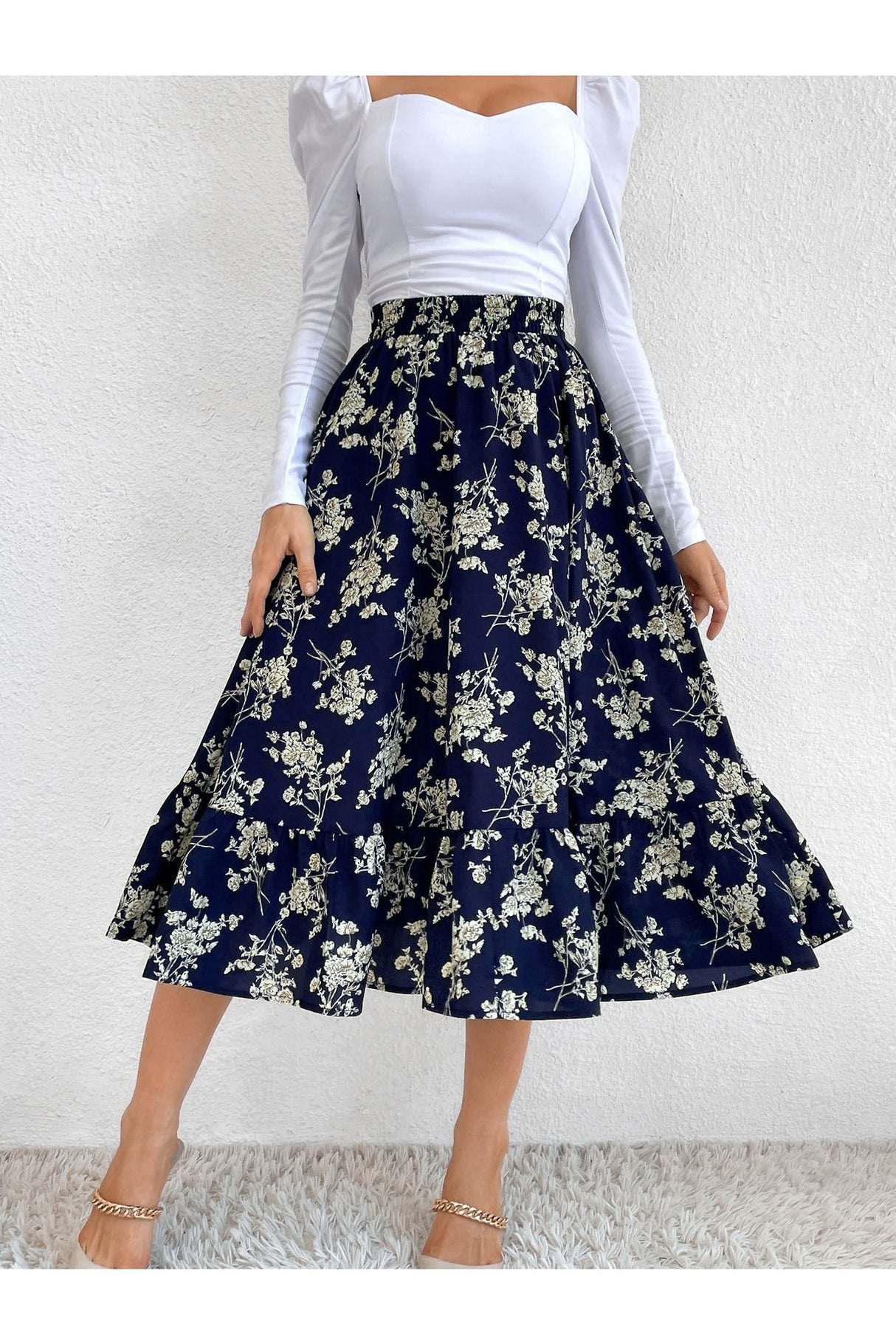 Buy Shein Allover Floral Print Ruffle Hem Skirt - Large in Pakistan