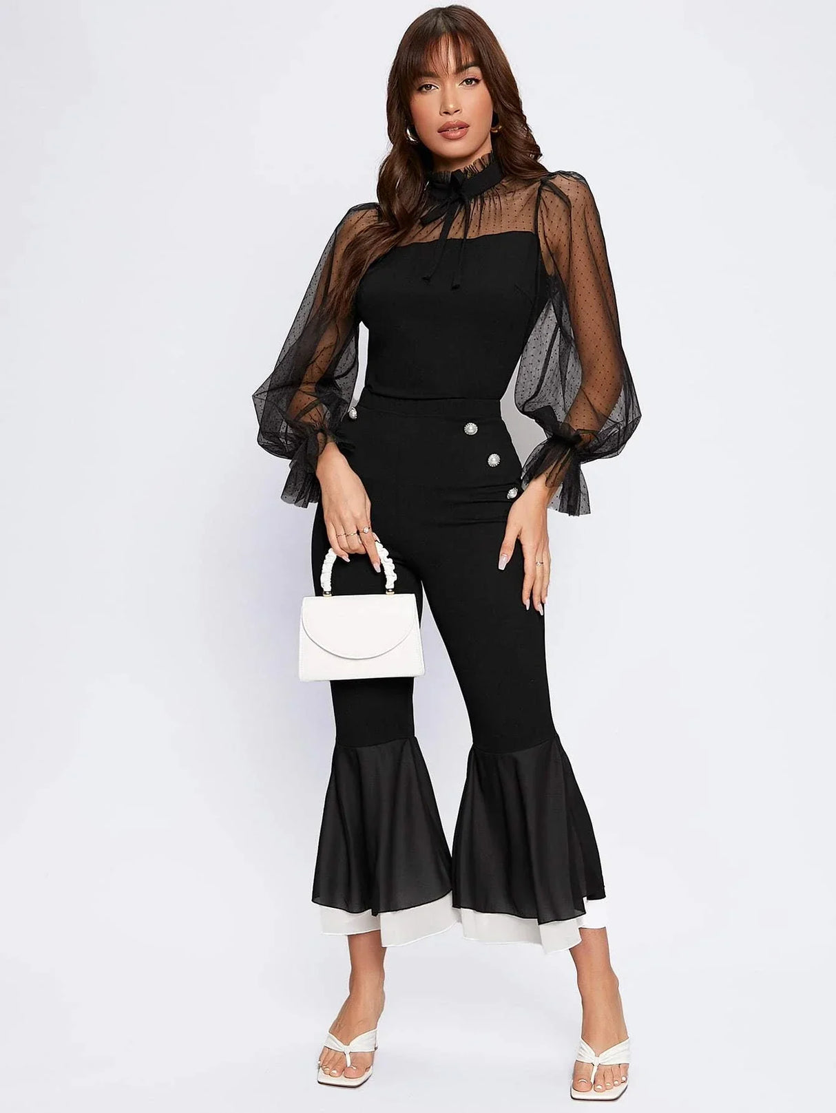 Buy SHEIN Dobby Mesh Flounce Sleeve Blouse in Pakistan