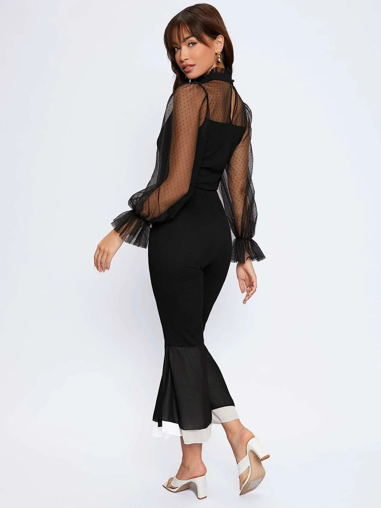 Buy SHEIN Dobby Mesh Flounce Sleeve Blouse in Pakistan