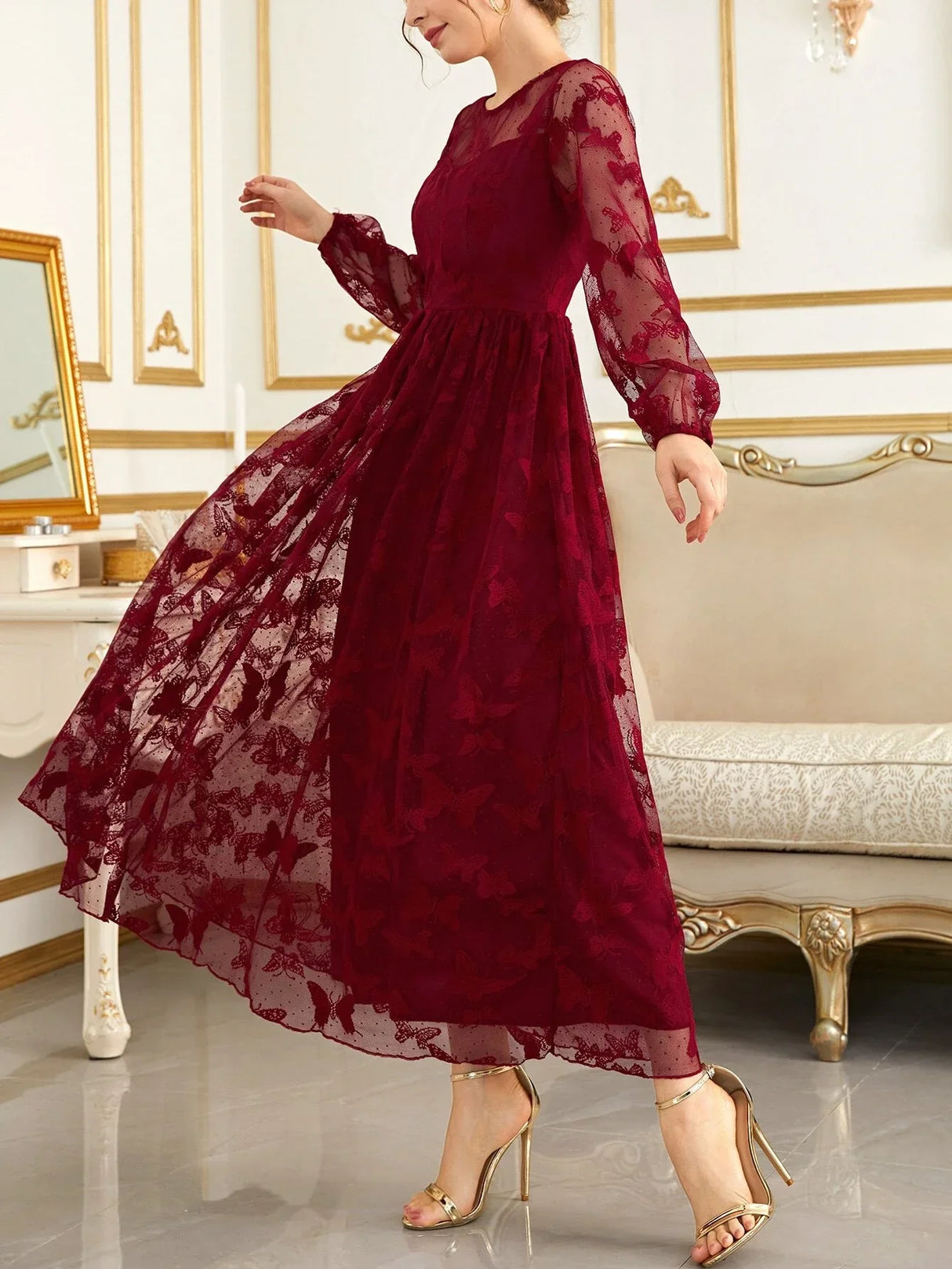 Buy SHEIN Modely Butterfly Embroidery Mesh Lantern Sleeve Dress in Pakistan