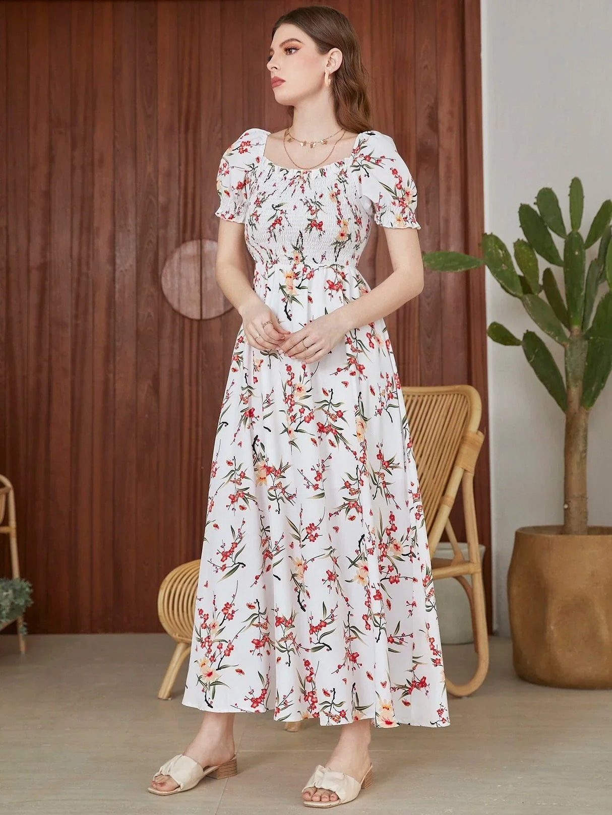Buy Shein Floral Square Neck Shirred A-line Dress in Pakistan