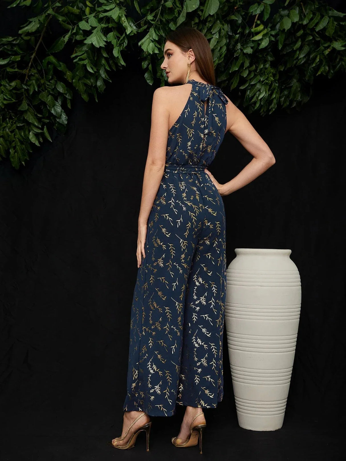 Buy Shein Golden Leaf Print Belted Culottes Jumpsuit in Pakistan