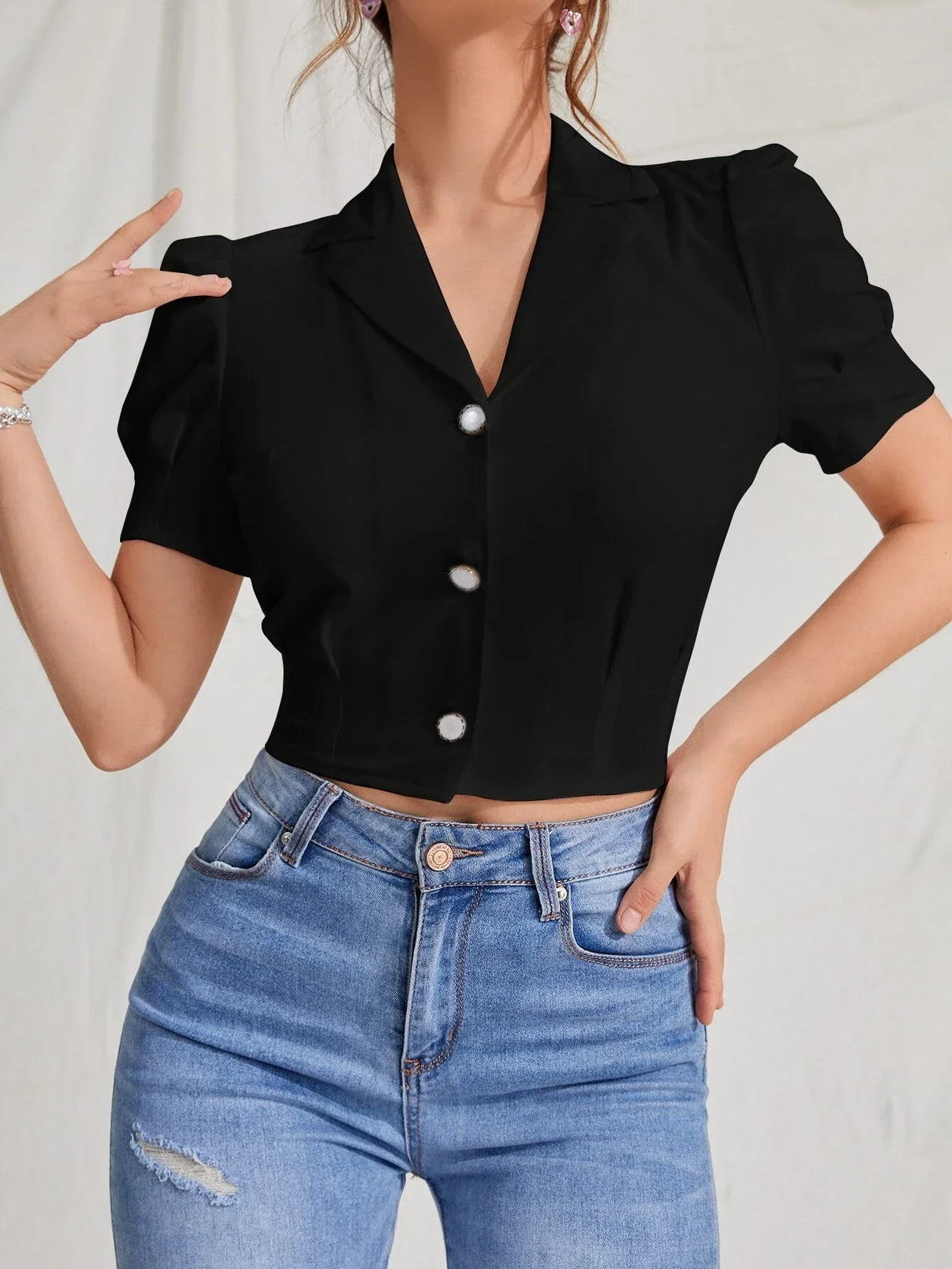 Buy SHEIN MOD Lapel Collar Puff Sleeve Button Up Blouse in Pakistan