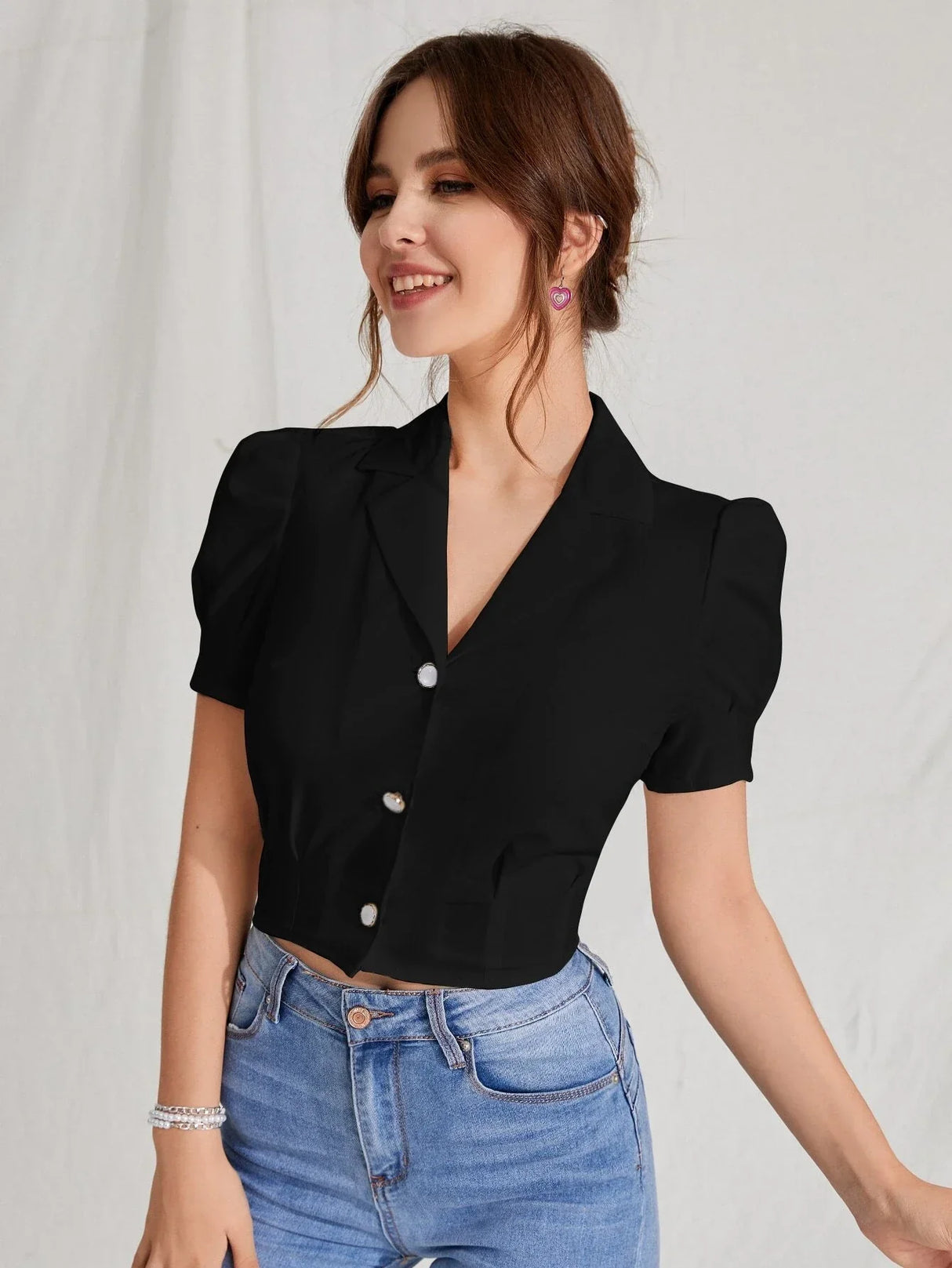 Buy SHEIN MOD Lapel Collar Puff Sleeve Button Up Blouse in Pakistan
