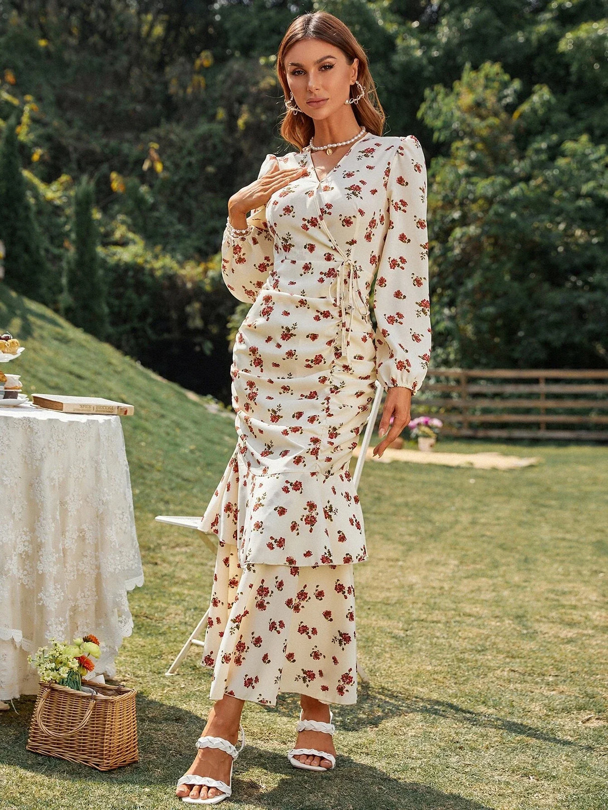 Buy SHEIN Modely Allover Floral Print Ruched Layered Hem Dress in Pakistan
