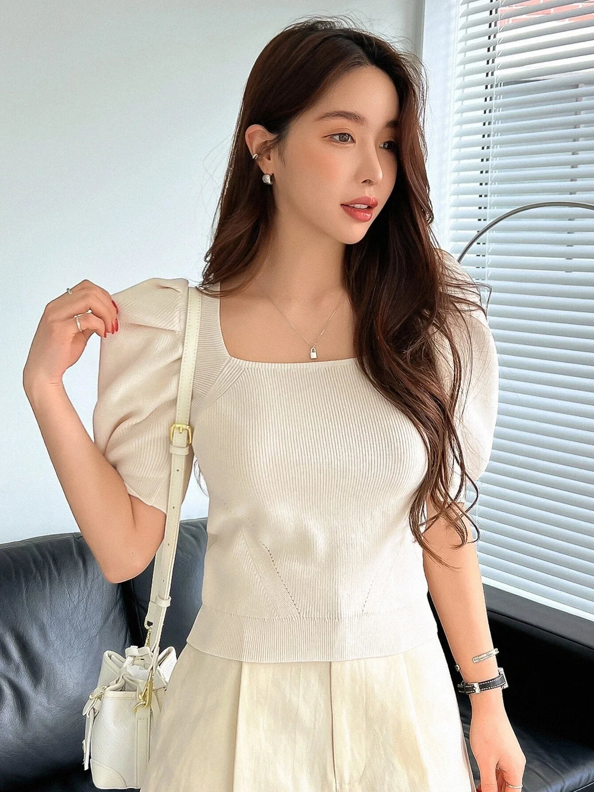 Buy Shein DAZY Square Neck Puff Sleeve Tie Back Knit Top in Pakistan