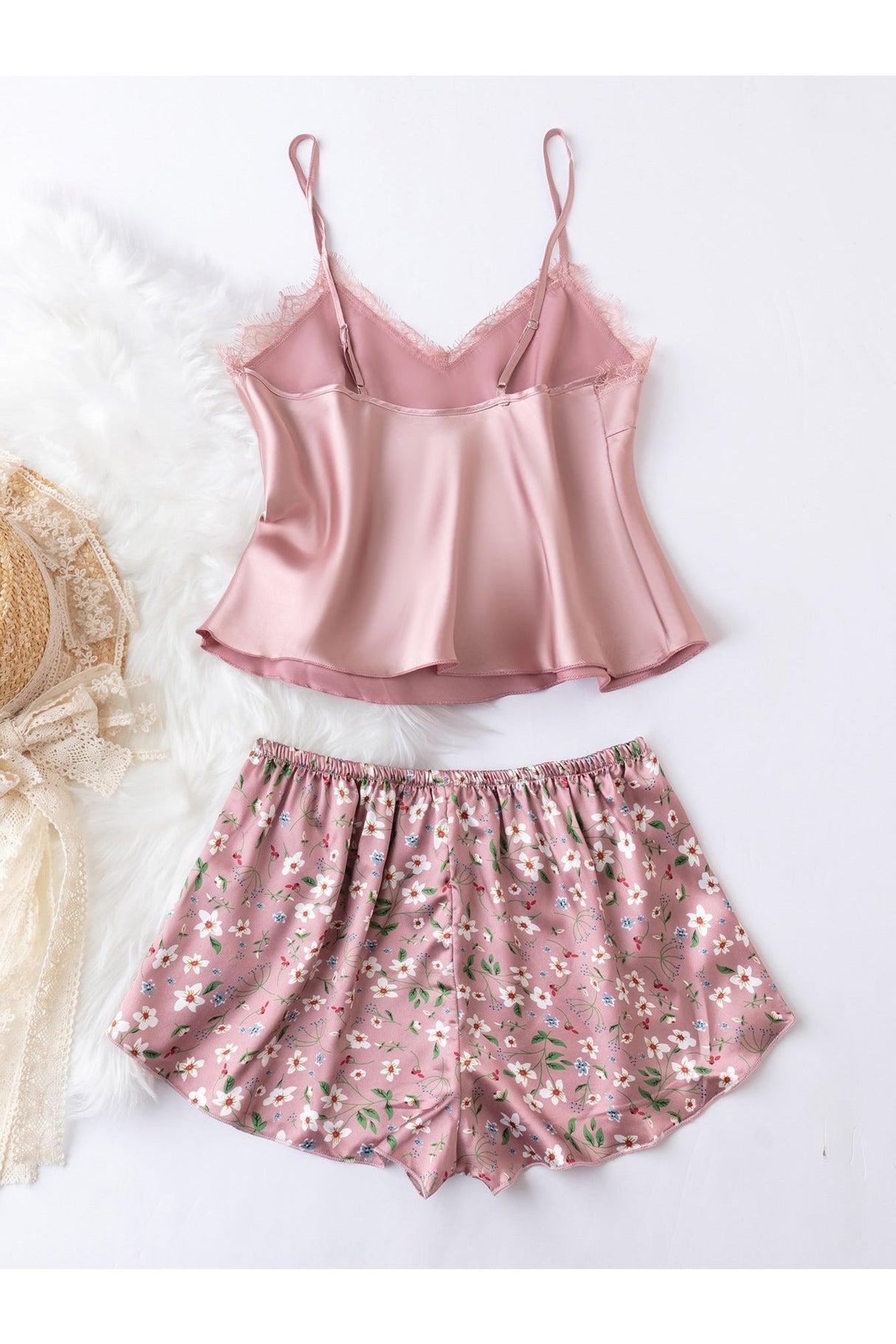 Buy Shein Floral Print Lace Detail Tie Front Satin PJ Set - Medium Dusty Pink in Pakistan