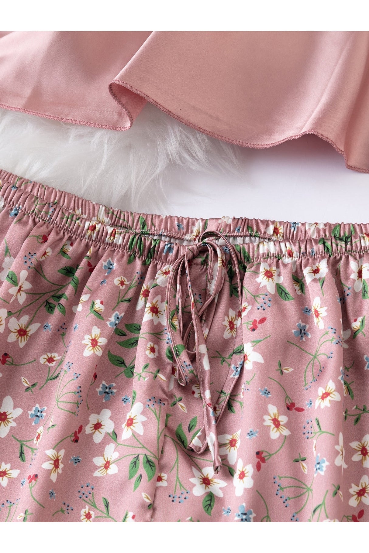 Buy Shein Floral Print Lace Detail Tie Front Satin PJ Set - Medium Dusty Pink in Pakistan