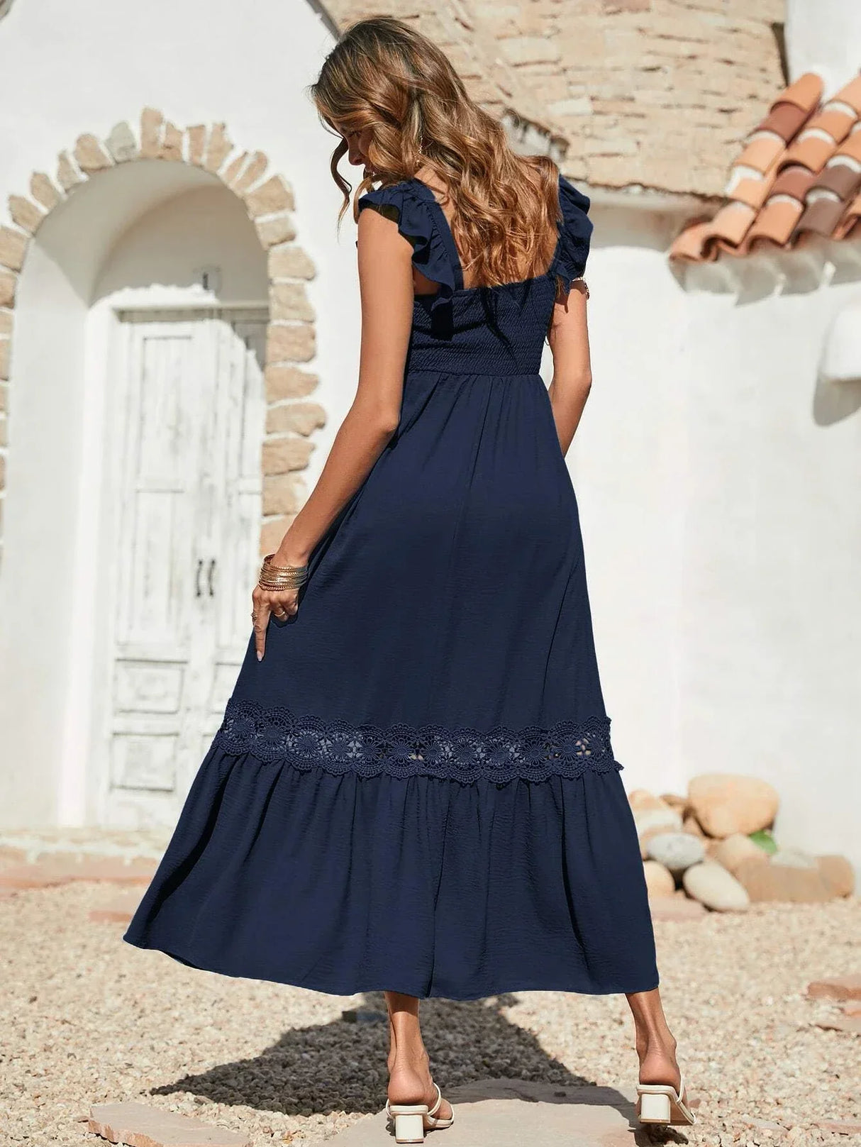 Buy SHEIN VCAY Shirred Guipure Lace Insert Ruffle Hem Dress in Pakistan