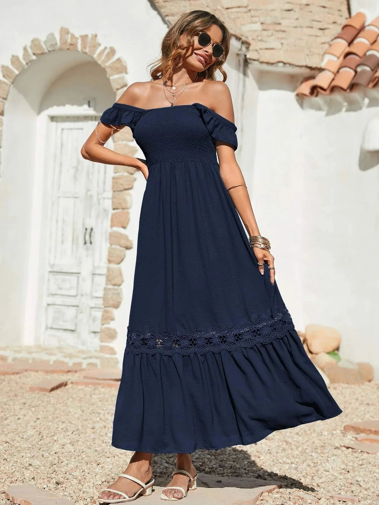 Buy SHEIN VCAY Shirred Guipure Lace Insert Ruffle Hem Dress in Pakistan