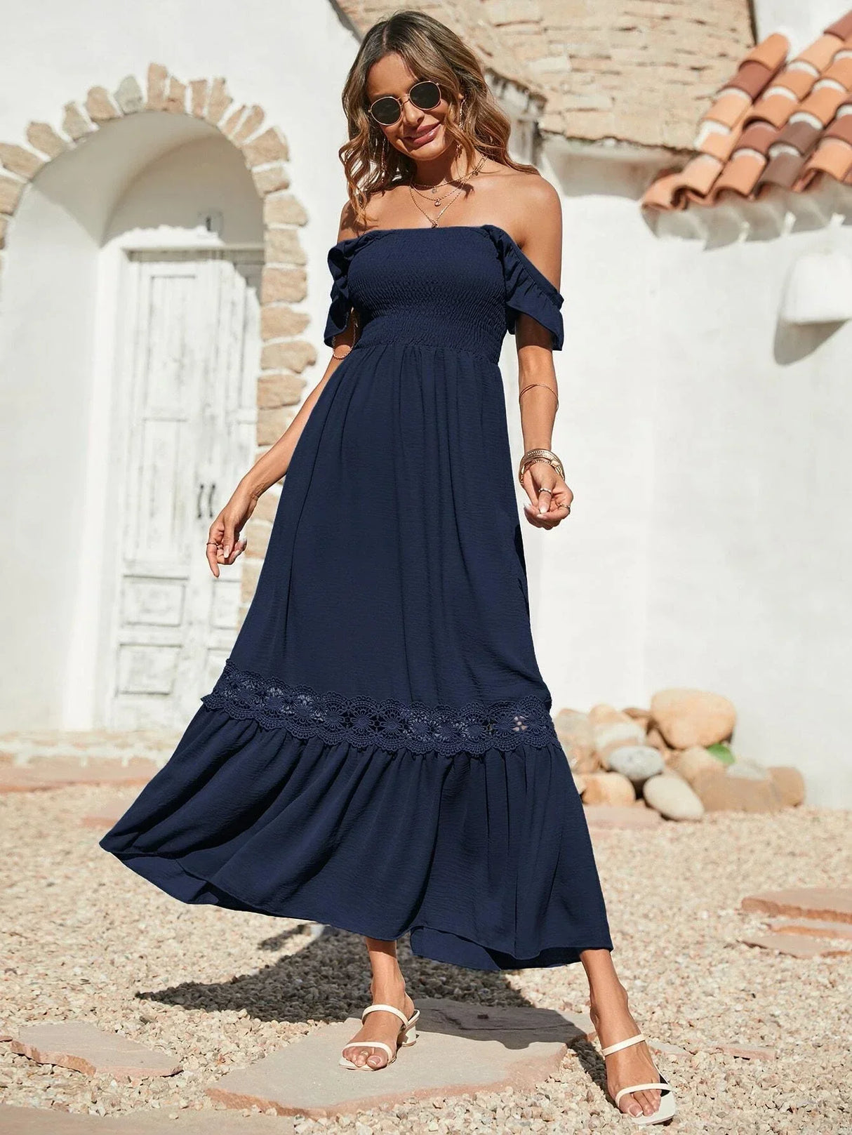 Buy SHEIN VCAY Shirred Guipure Lace Insert Ruffle Hem Dress in Pakistan