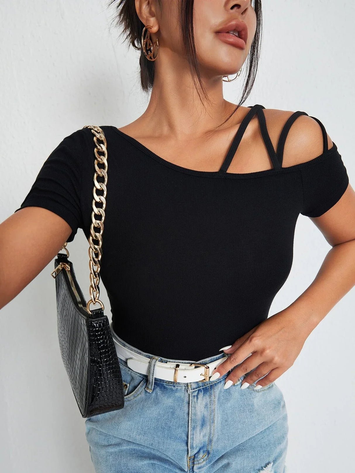 Buy SHEIN BAE Solid Asymmetrical Neck Tee in Pakistan