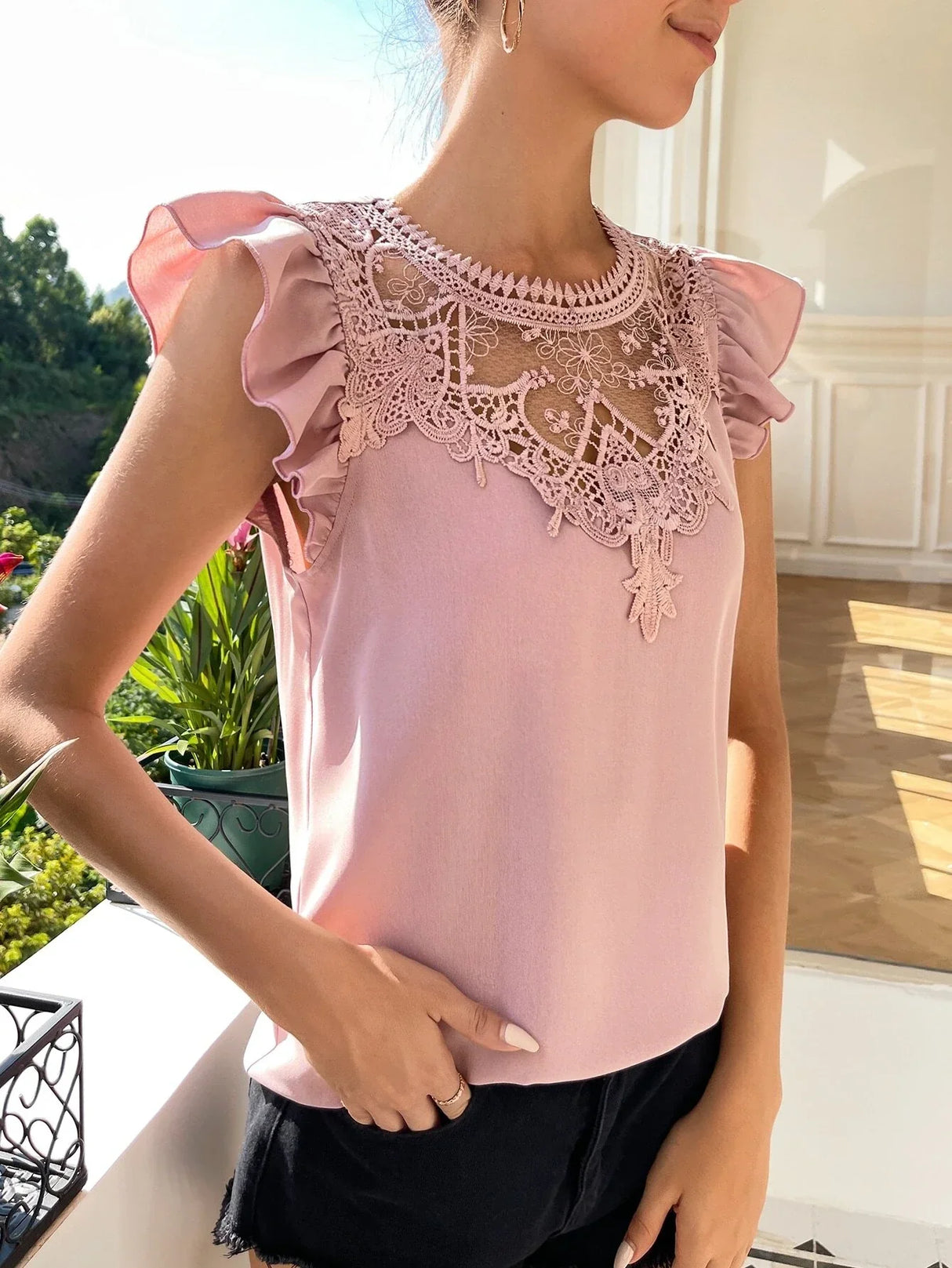 Buy SHEIN EMERY ROSE Contrast Guipure Lace Ruffle Sleeve Blouse in Pakistan