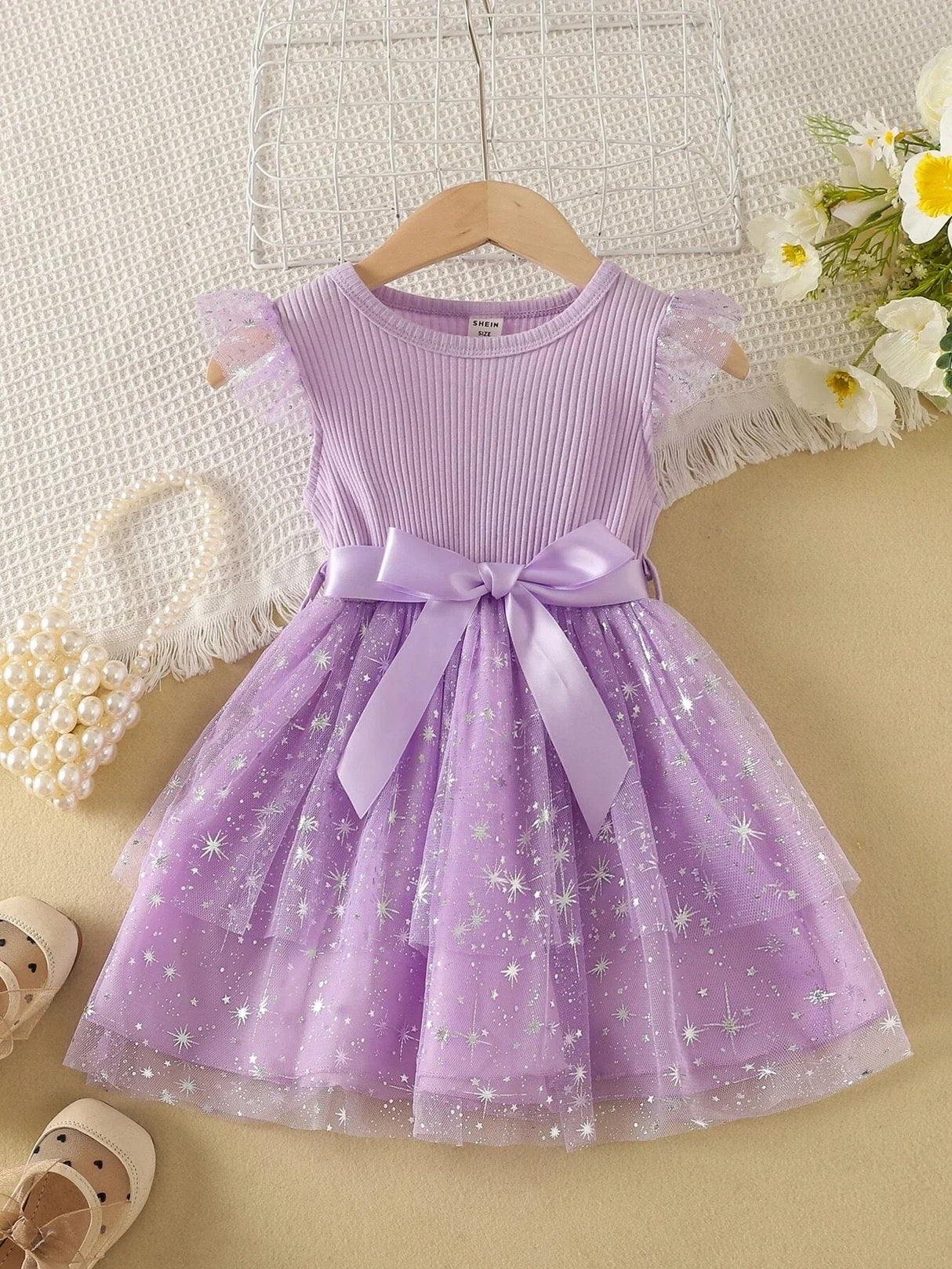 Buy SHEIN Baby Contrast Star Mesh Ruffle Trim Belted Dress in Pakistan