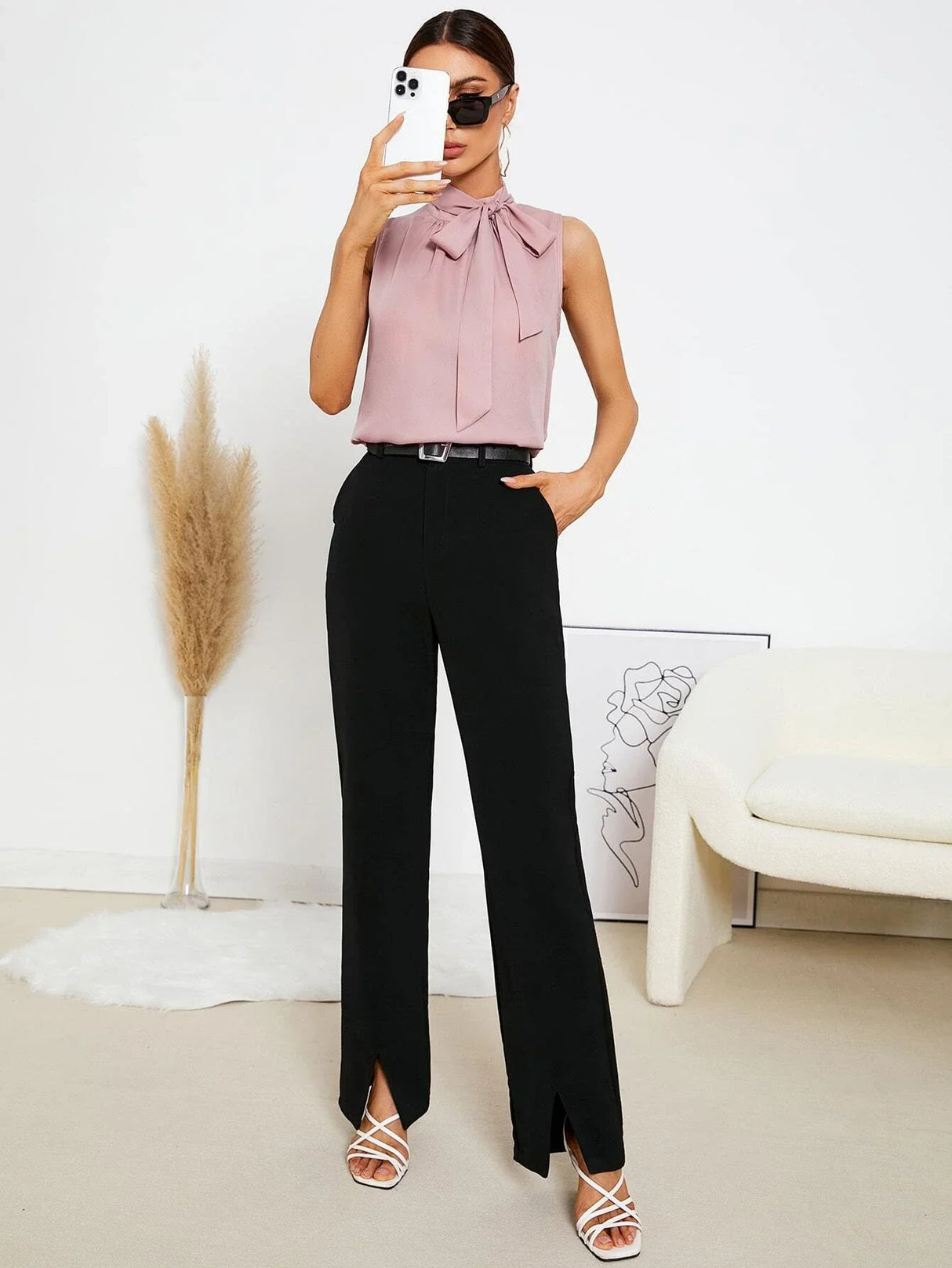 Buy Shein Emery Rose Solid Tie Neck Blouse in Pakistan