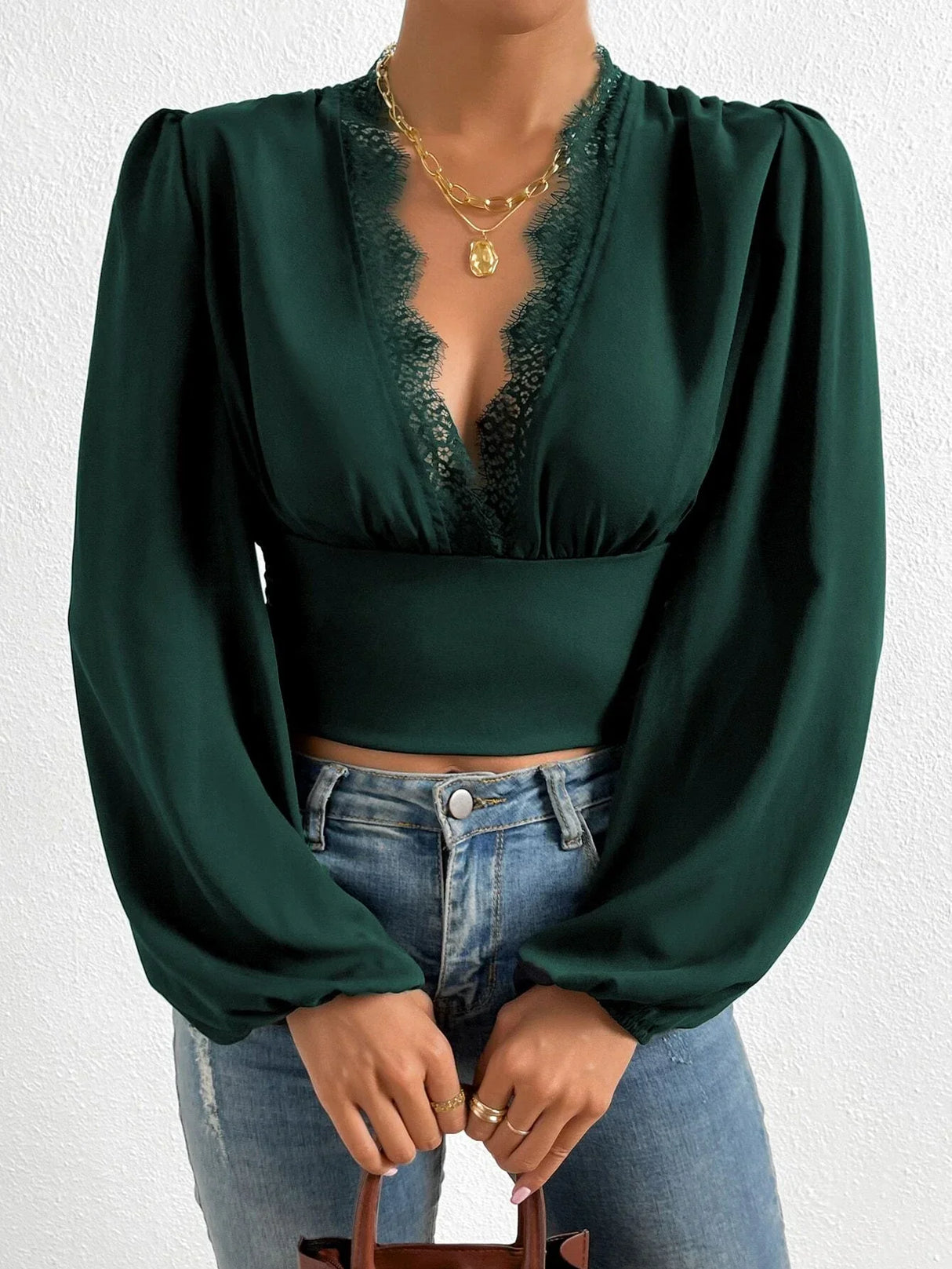 Buy SHEIN Frenchy Contrast Lace Lantern Sleeve Crop Top in Pakistan