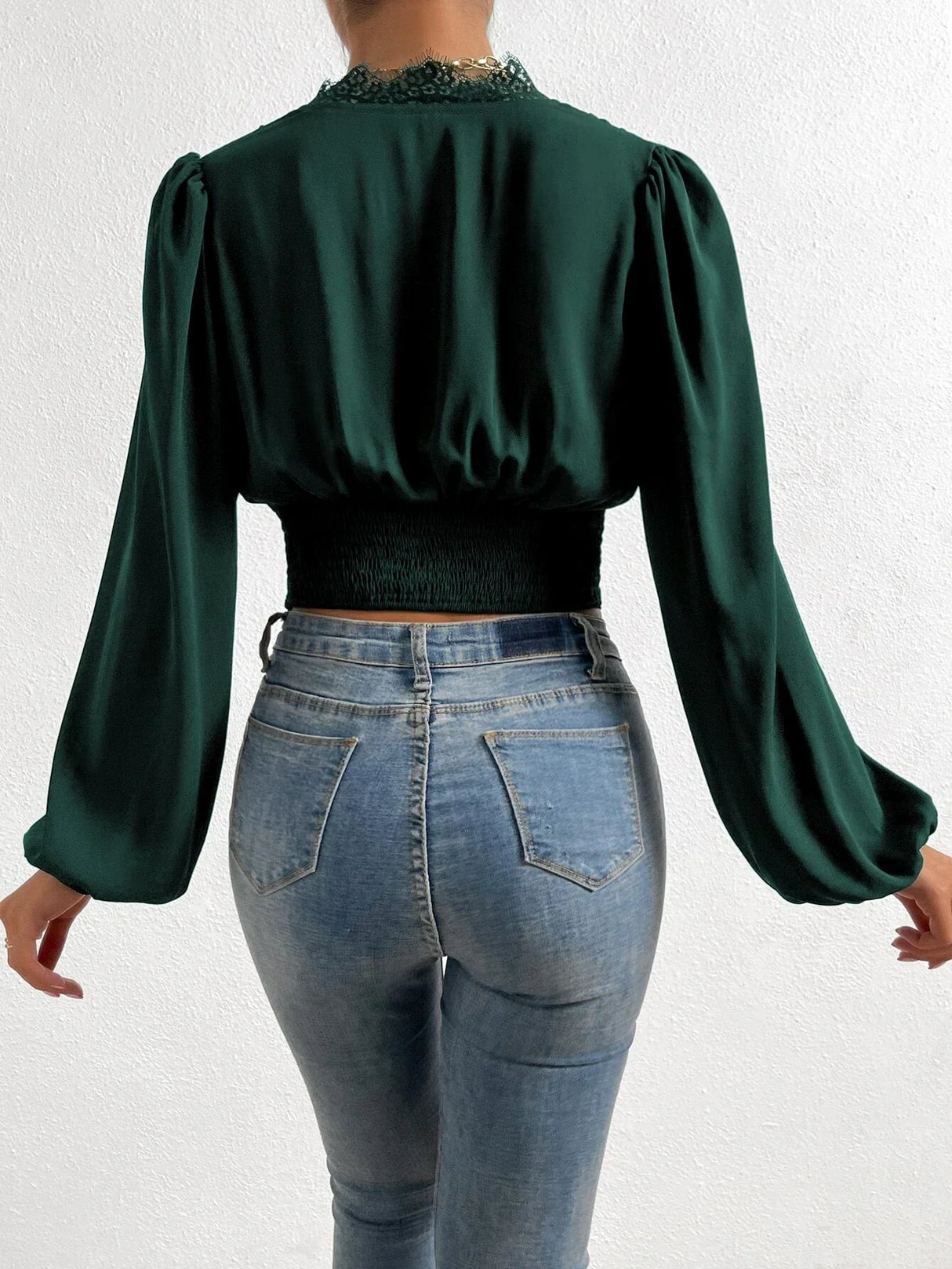Buy SHEIN Frenchy Contrast Lace Lantern Sleeve Crop Top in Pakistan