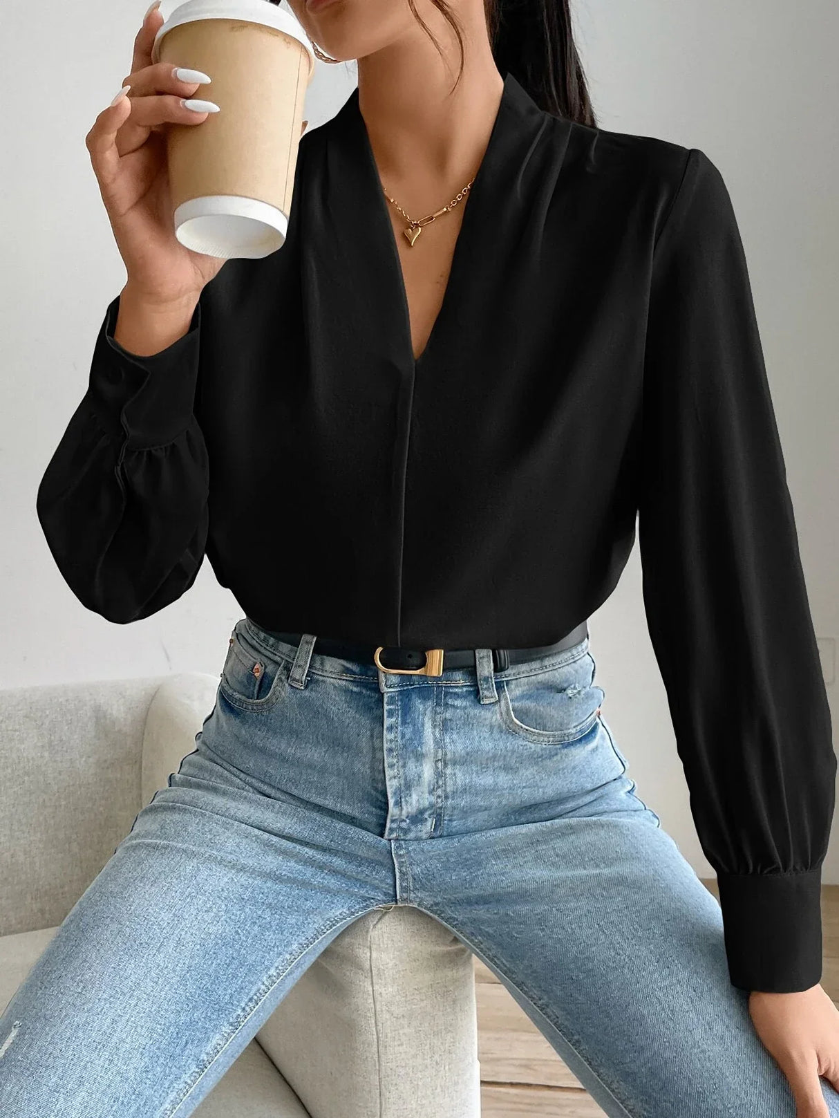 Buy SHEIN Solid Bishop Sleeve Blouse in Pakistan