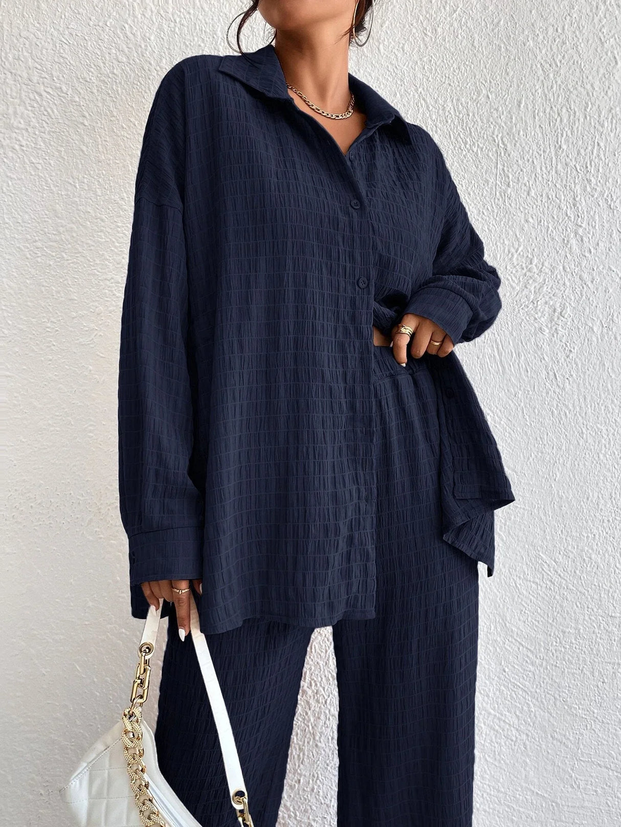 Buy Shein Solid Drop Shoulder Shirt & Wide Leg Pants in Pakistan