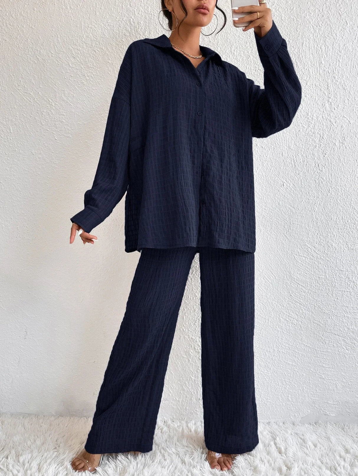 Buy Shein Solid Drop Shoulder Shirt & Wide Leg Pants in Pakistan