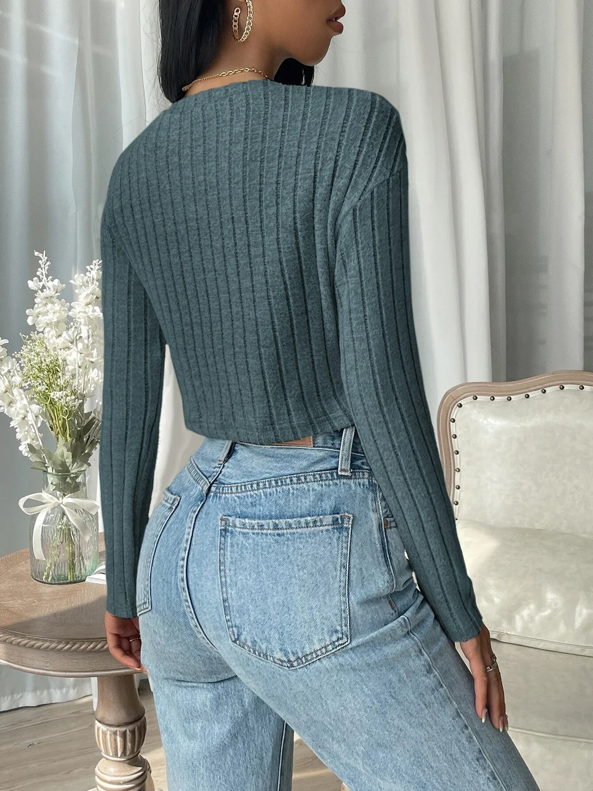Buy Shein Ezwear Solid Rib Knit Crop Tee in Pakistan