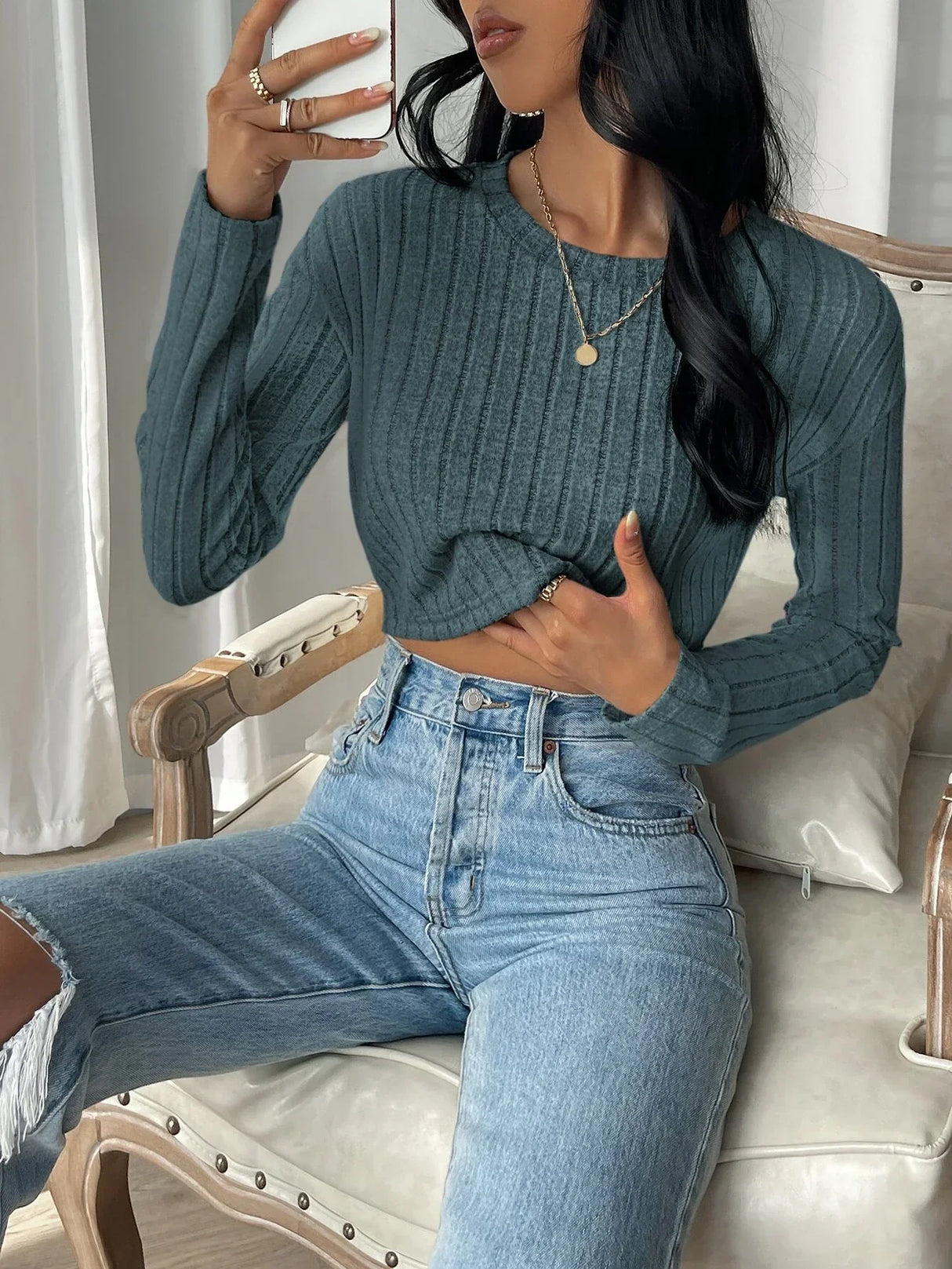 Buy Shein Ezwear Solid Rib Knit Crop Tee in Pakistan