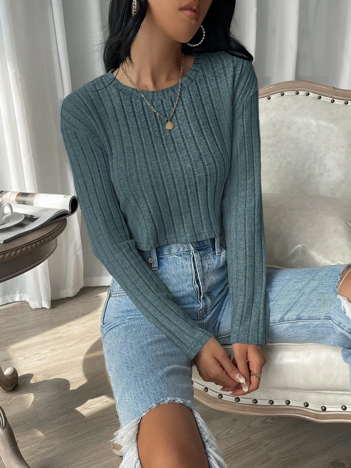 Buy Shein Ezwear Solid Rib Knit Crop Tee in Pakistan